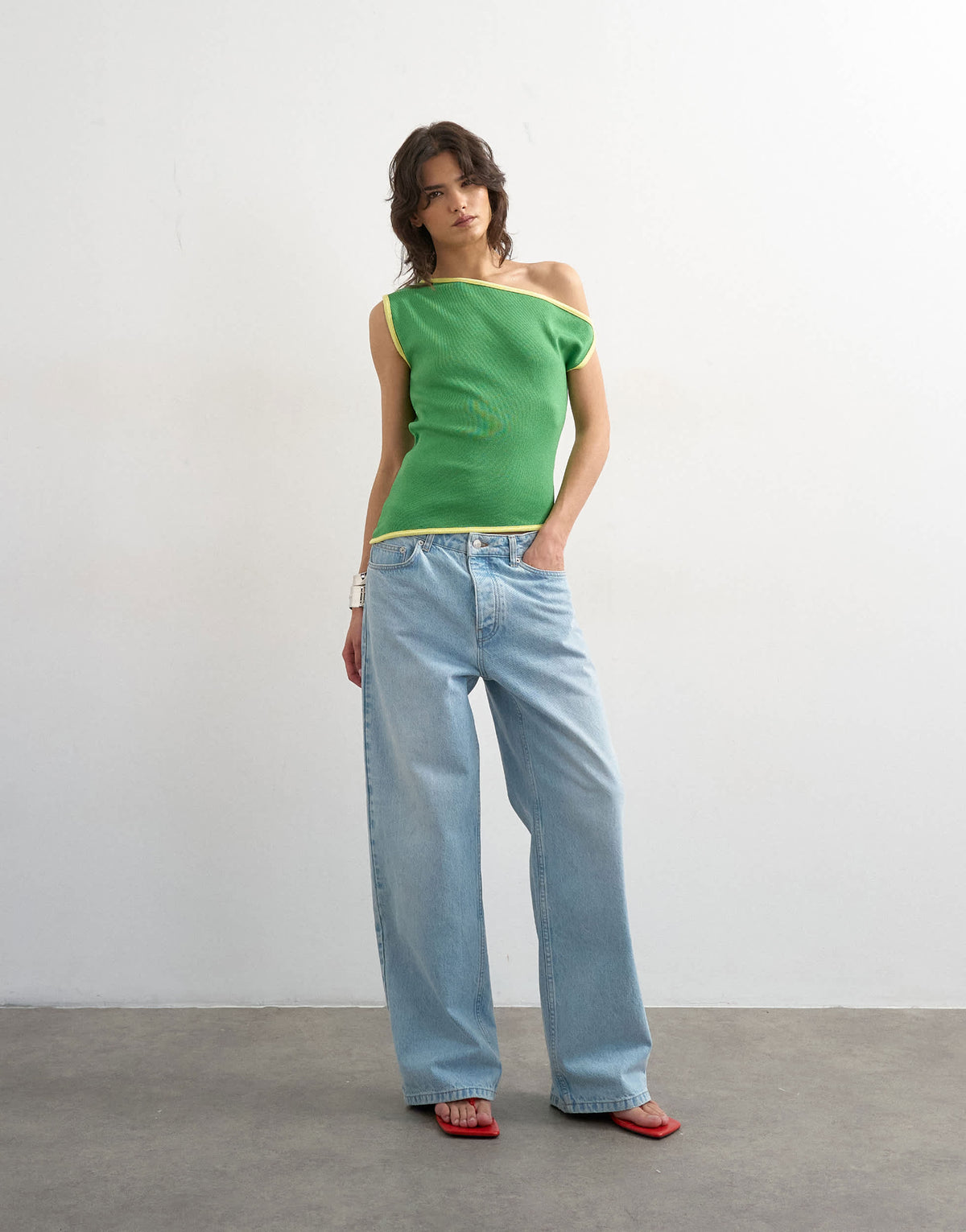 Topshop knitted asymmetric off shoulder top in green
