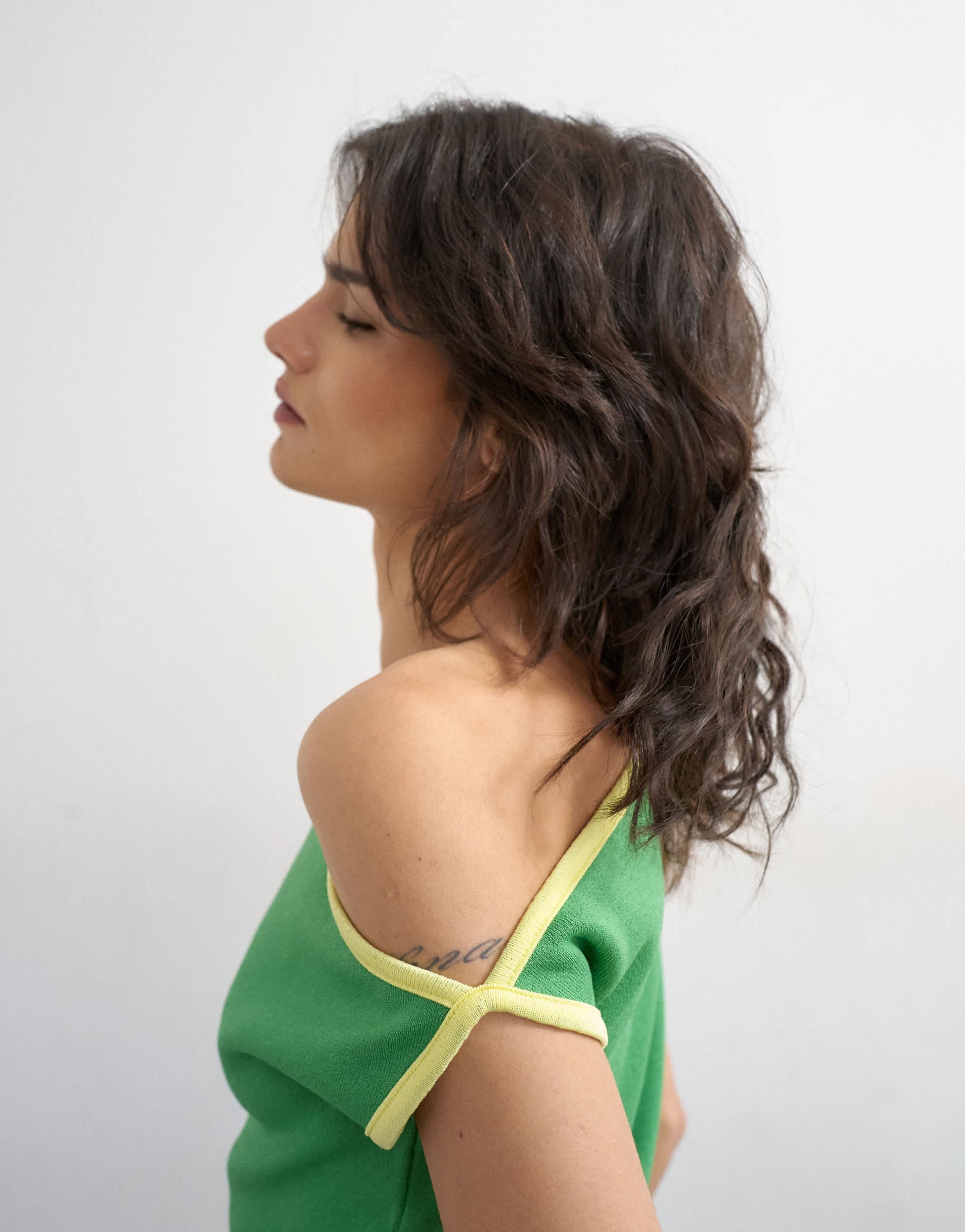Topshop knitted asymmetric off shoulder top in green