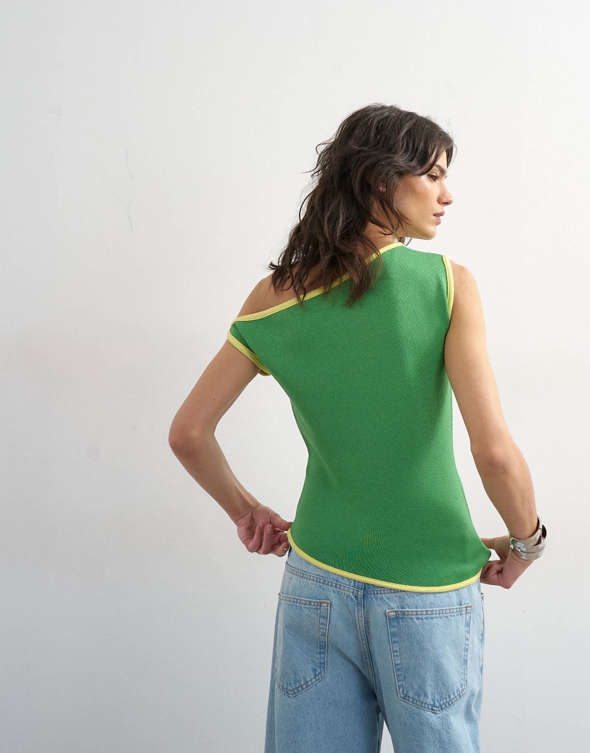 Topshop knitted asymmetric off shoulder top in green