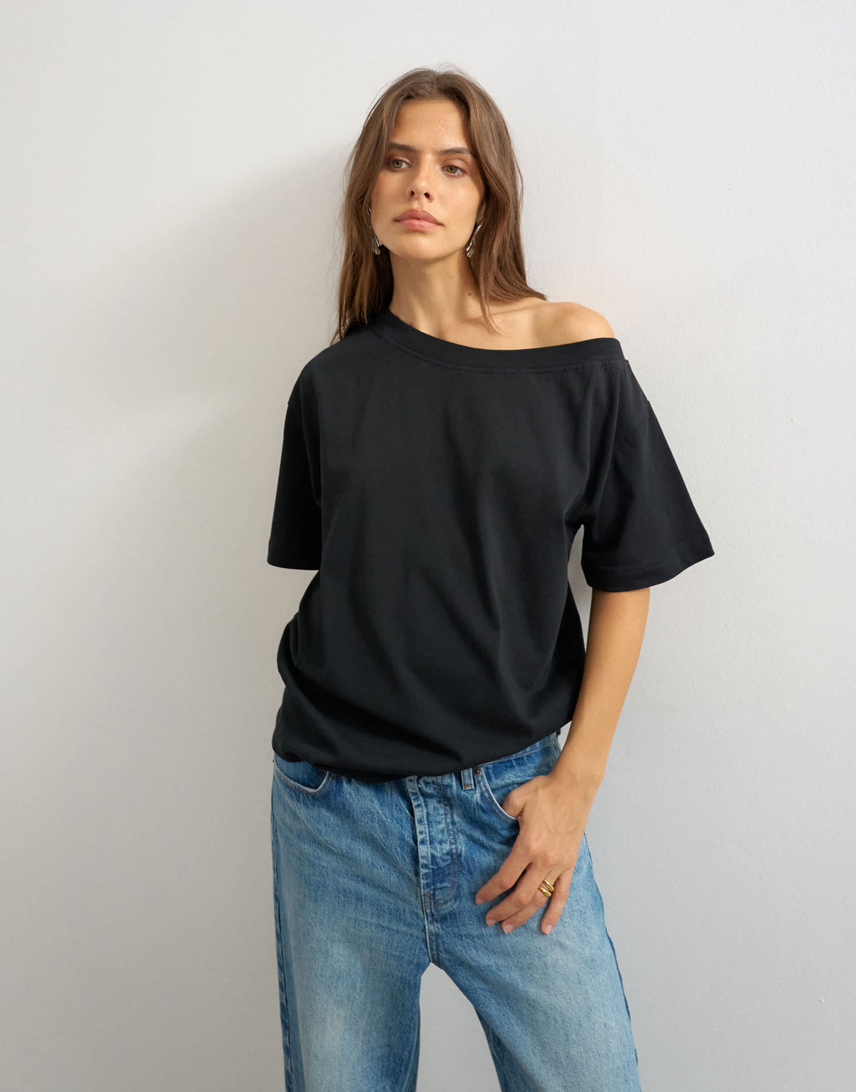 Topshop fallen shoulder t-shirt in black