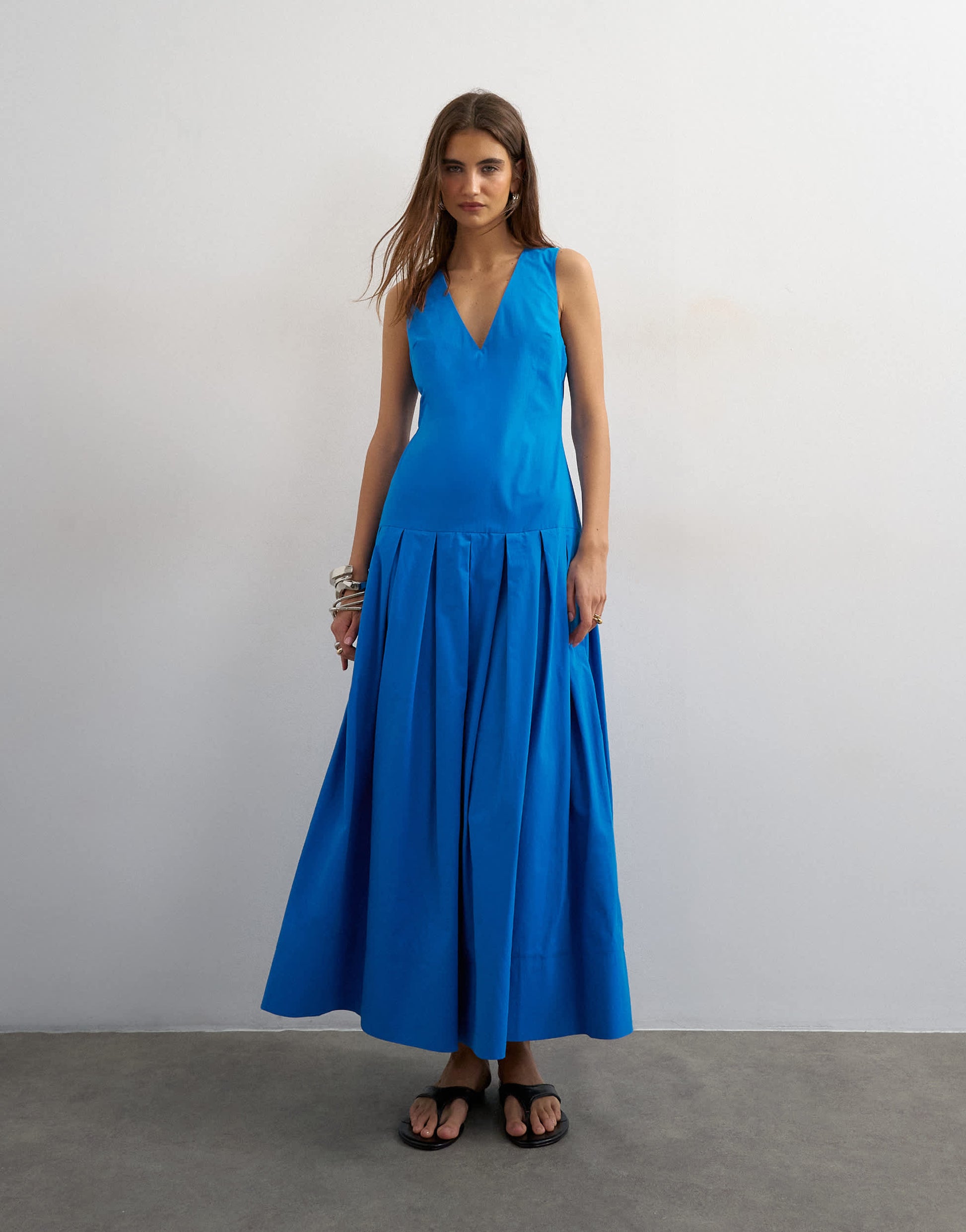 Topshop poplin structured dropped waist maxi dress in cobalt