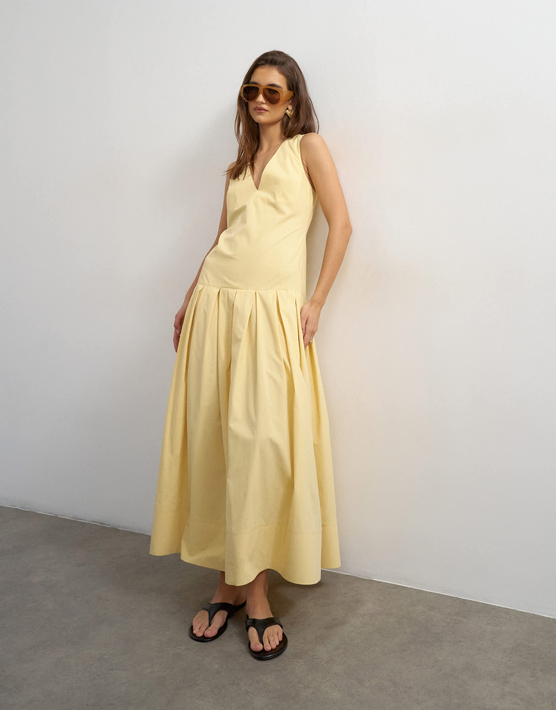 Topshop poplin structured dropped waist maxi dress in buttermilk