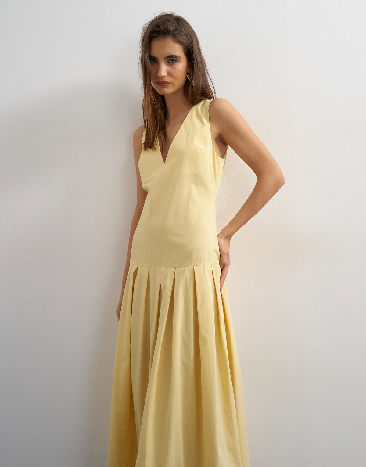 Topshop poplin structured dropped waist maxi dress in buttermilk