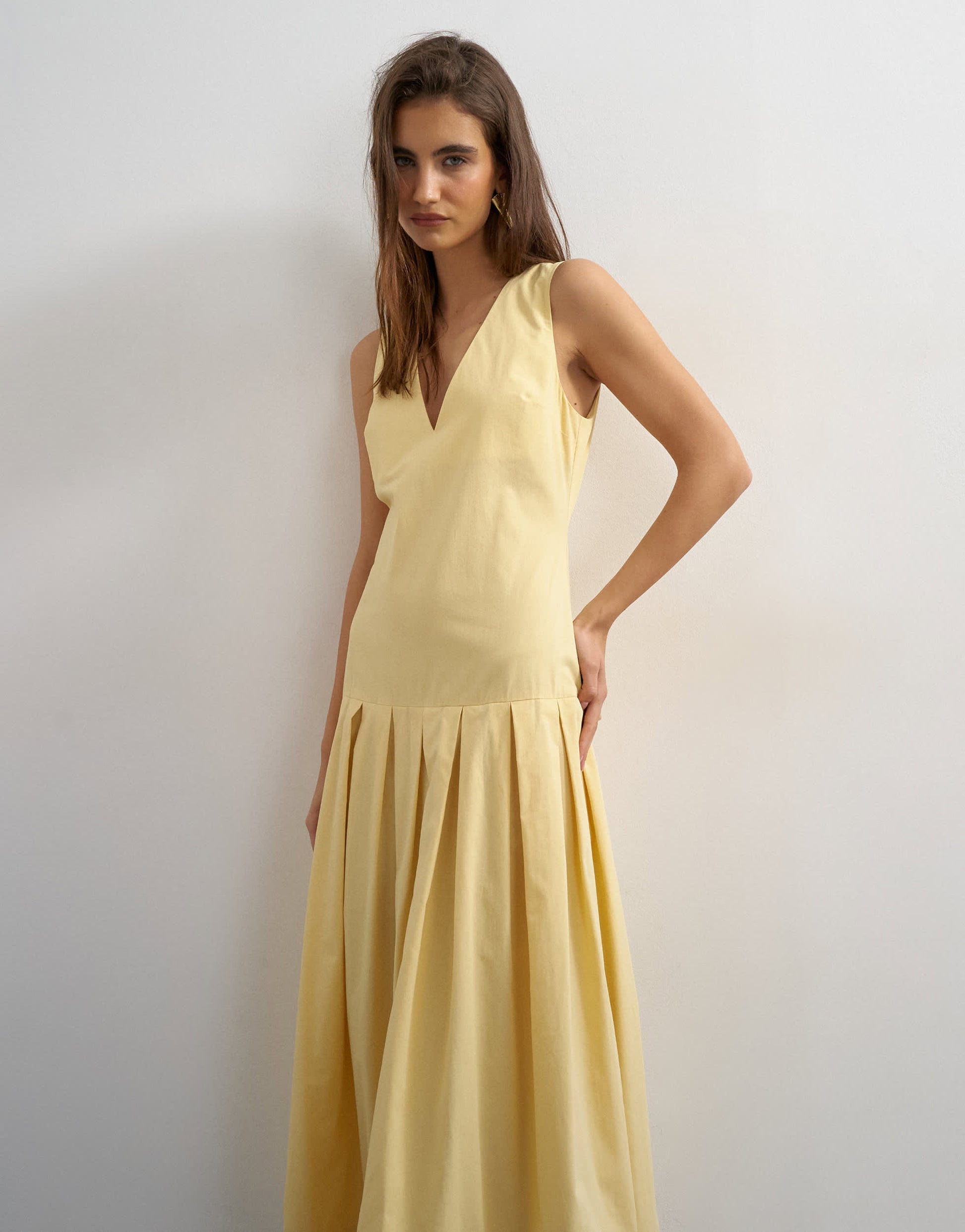 Topshop poplin structured dropped waist maxi dress in buttermilk