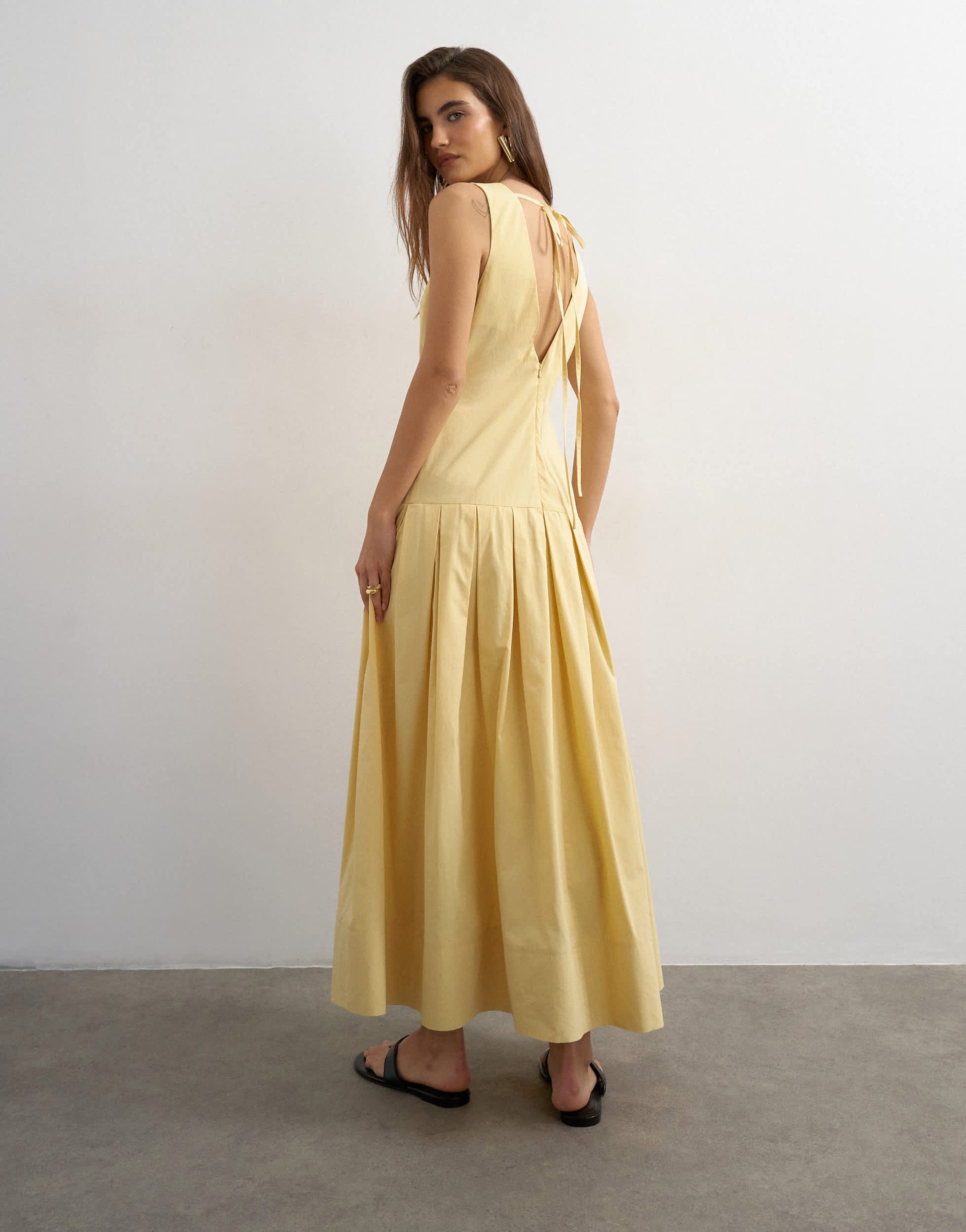 Topshop poplin structured dropped waist maxi dress in buttermilk