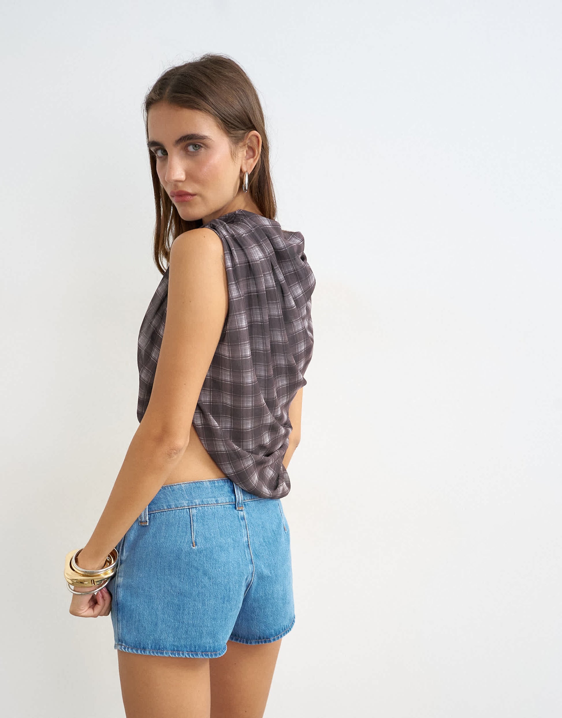 Topshop denim button fly knicker short in mid blue