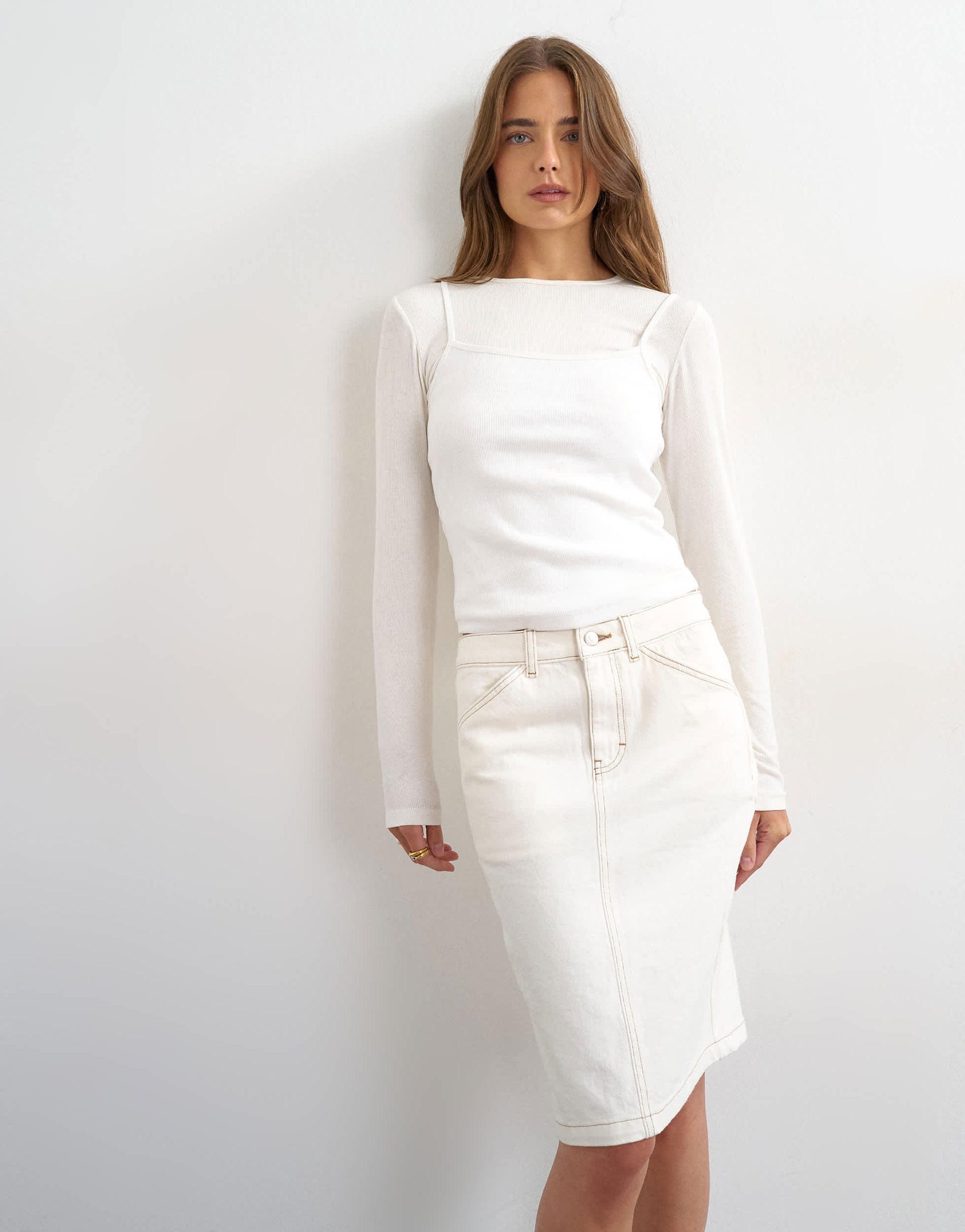 Topshop denim 90s midi skirt in bone