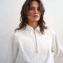 Topshop Denim collared quarter zip blouson jacket in bone