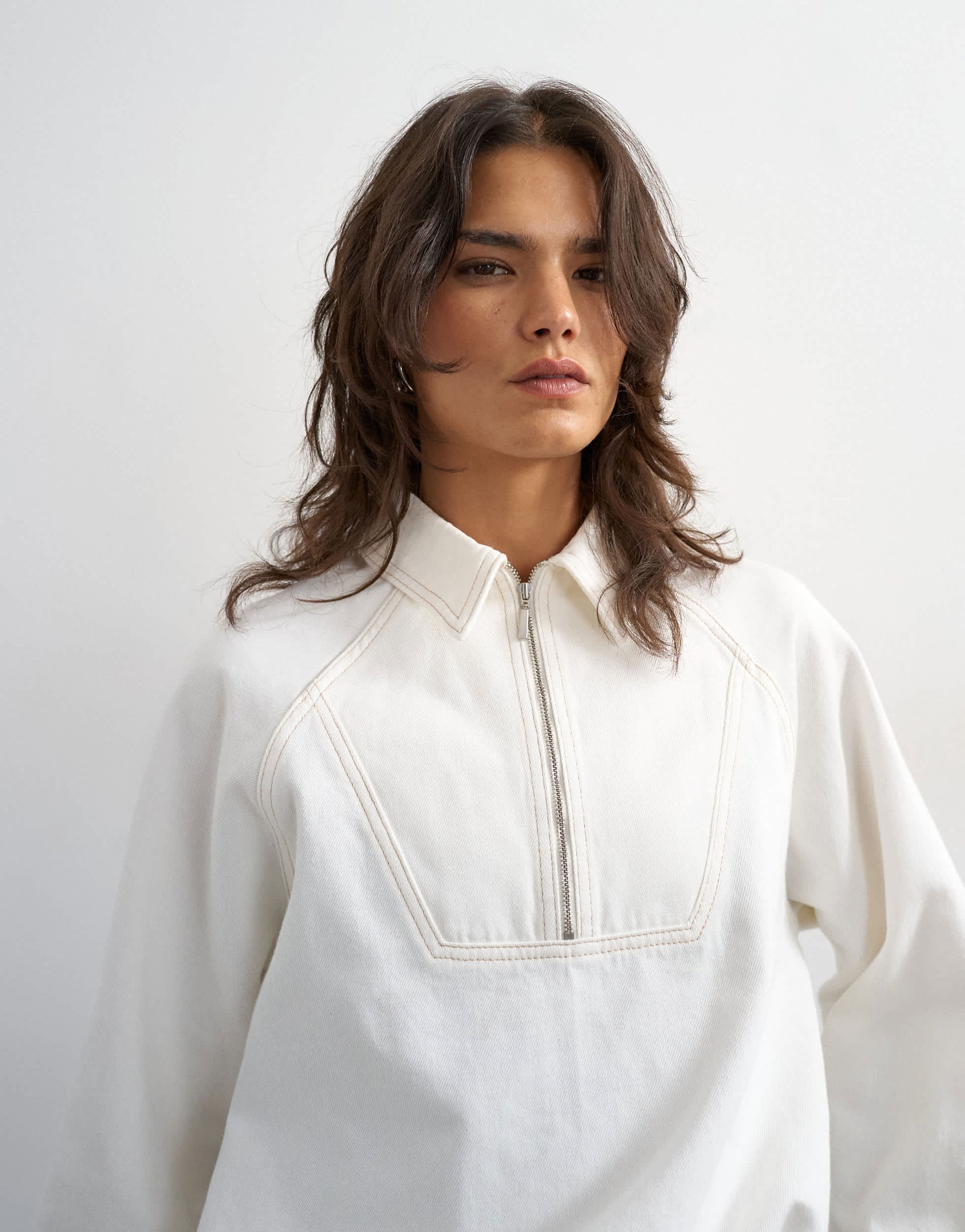 Topshop Denim collared quarter zip blouson jacket in bone