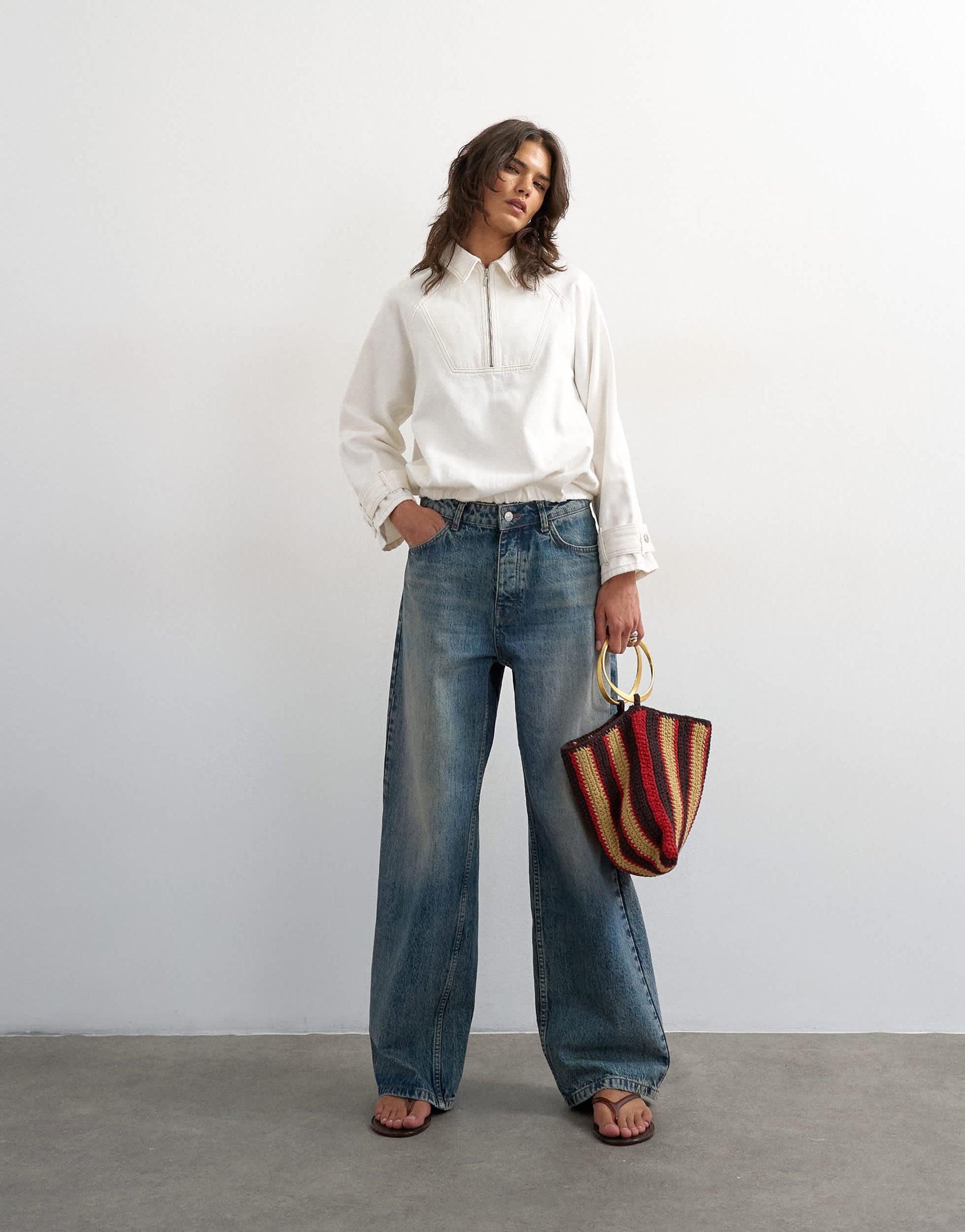 Topshop Denim collared quarter zip blouson jacket in bone