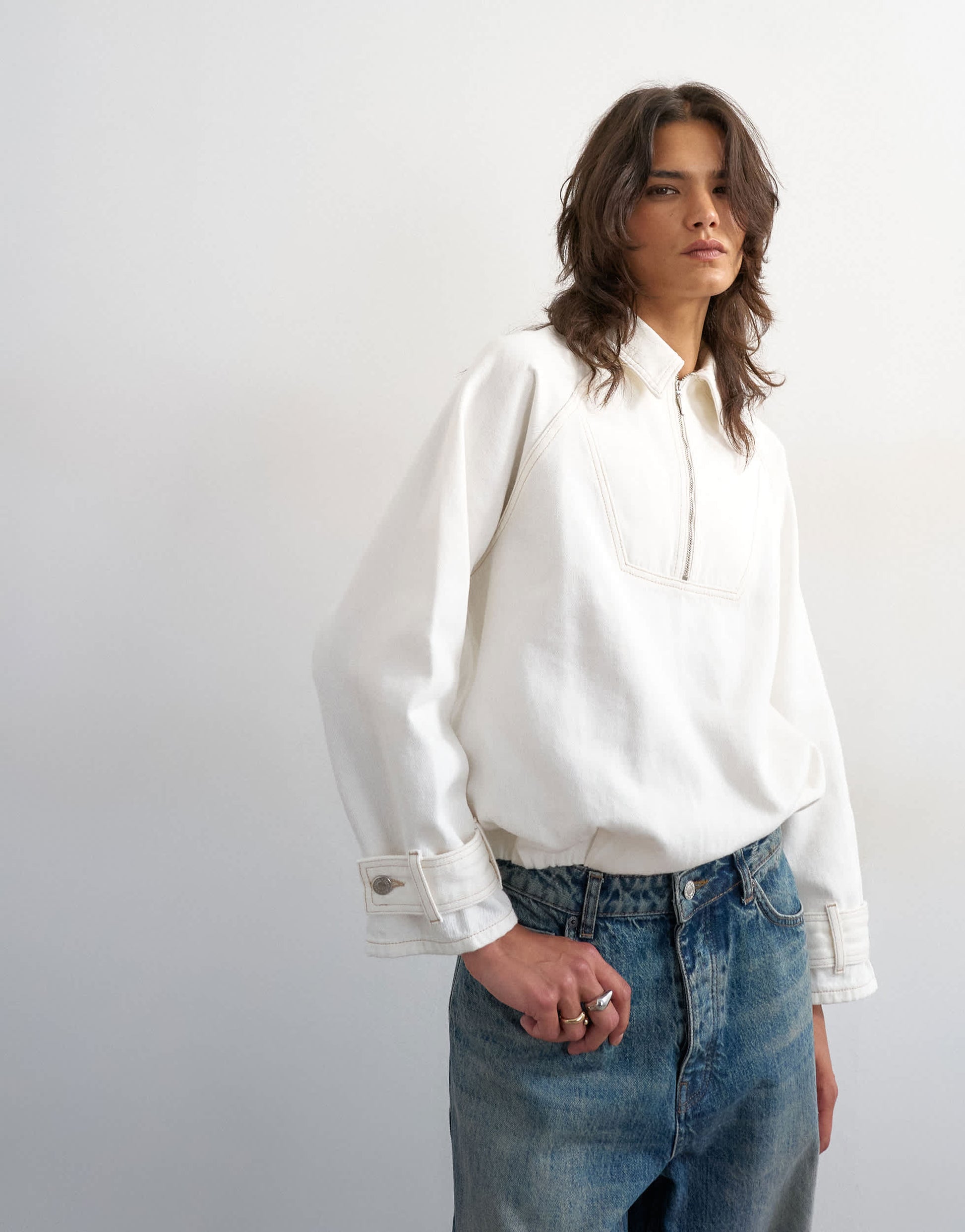 Topshop Denim collared quarter zip blouson jacket in bone
