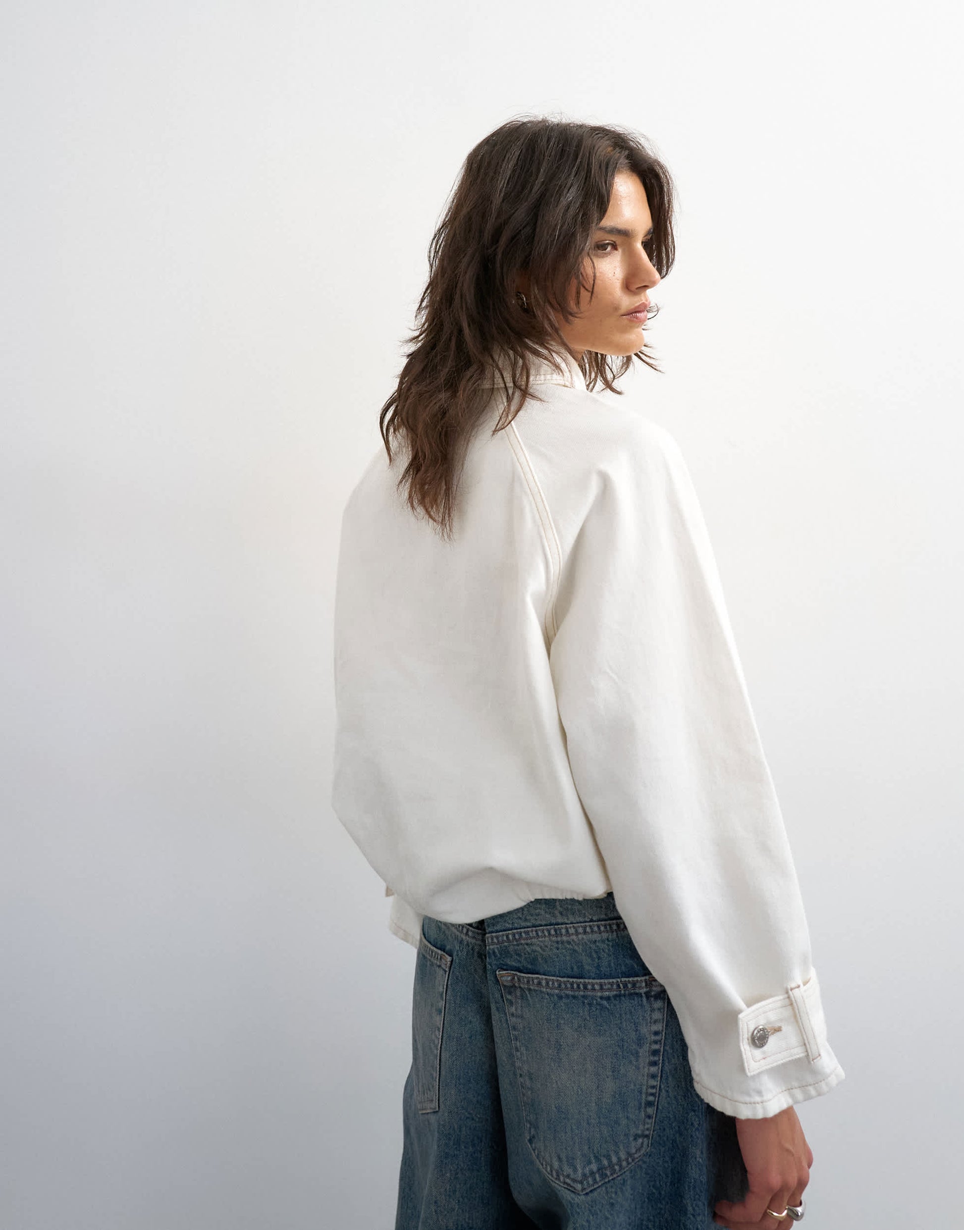 Topshop Denim collared quarter zip blouson jacket in bone