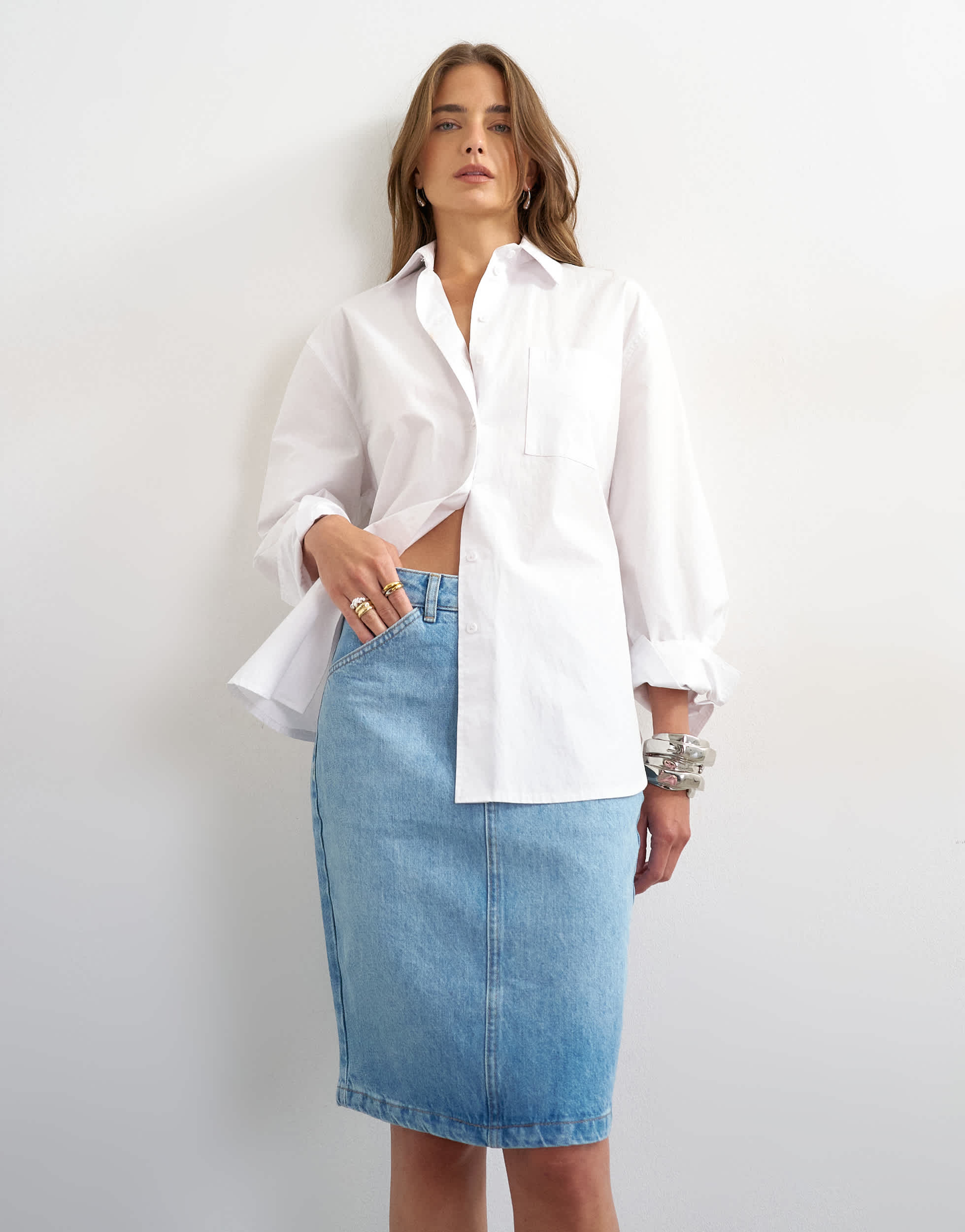 Topshop denim 90s midi skirt in bleach