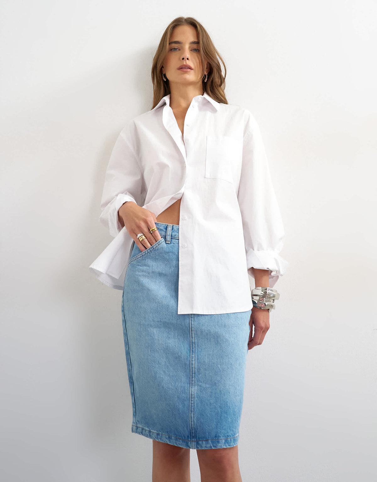 Topshop denim 90s midi skirt in bleach