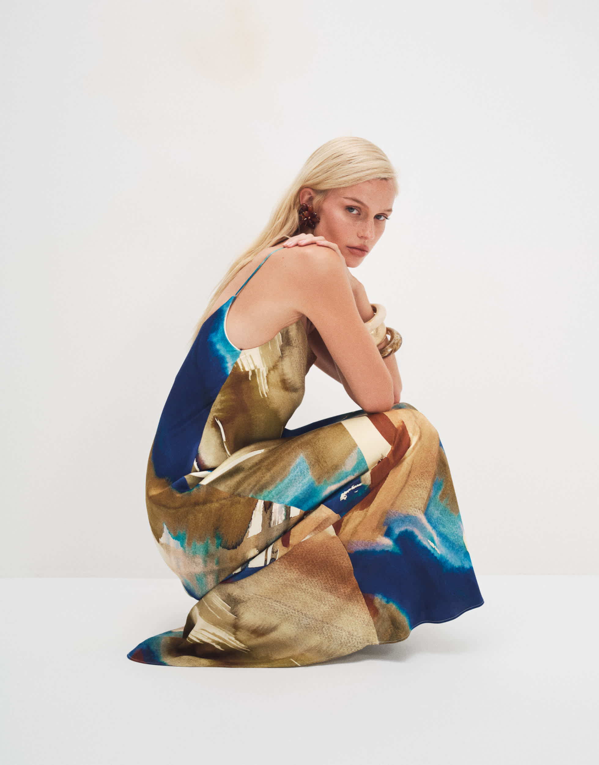 Topshop viscose satin low scoop flood length maxi slip dress in abstract ochre print