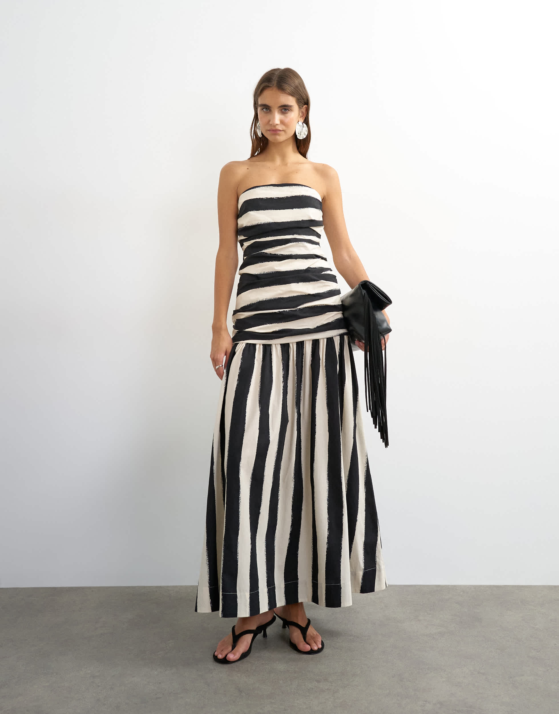 Topshop dropped waist bandeau maxi dress in thick mono stripe