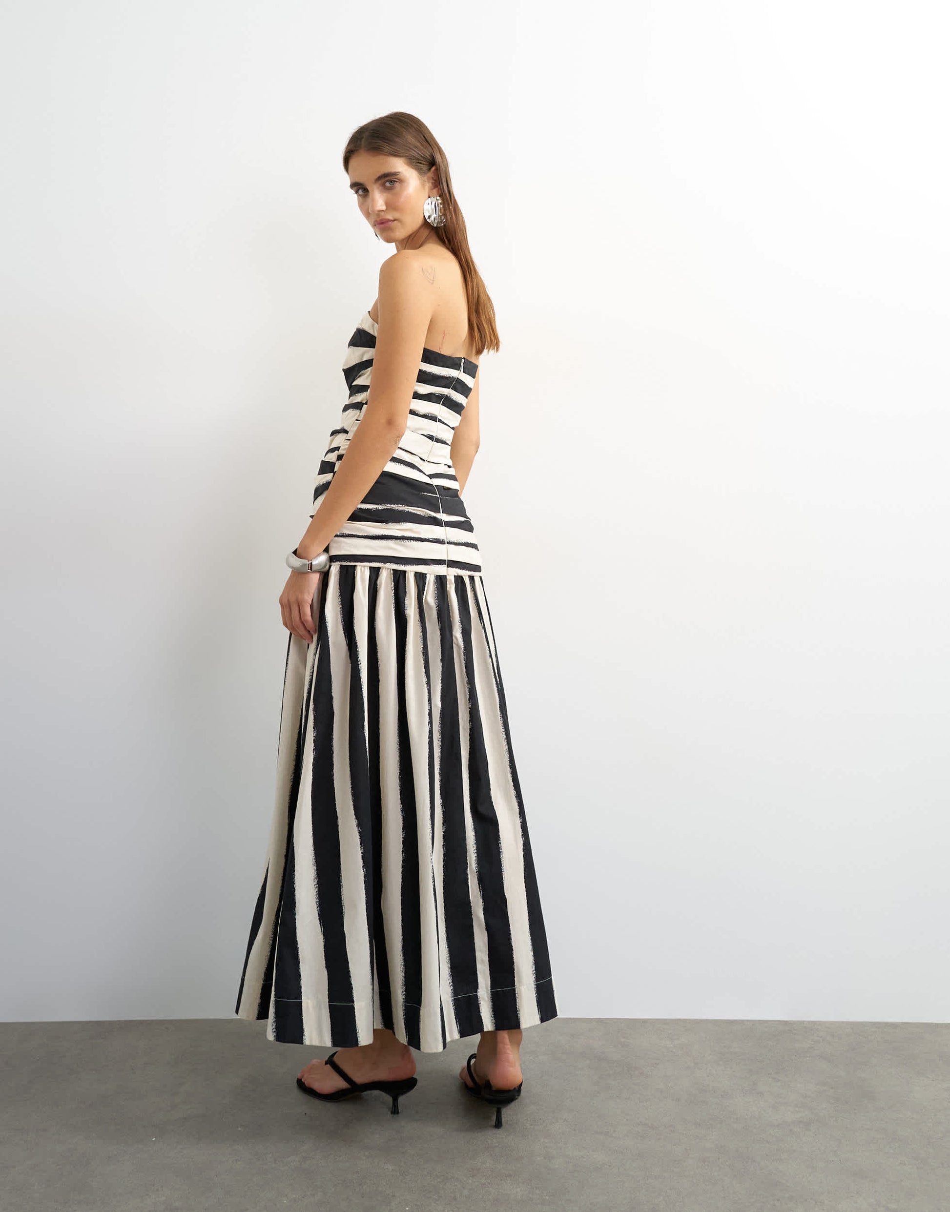 Topshop dropped waist bandeau maxi dress in thick mono stripe
