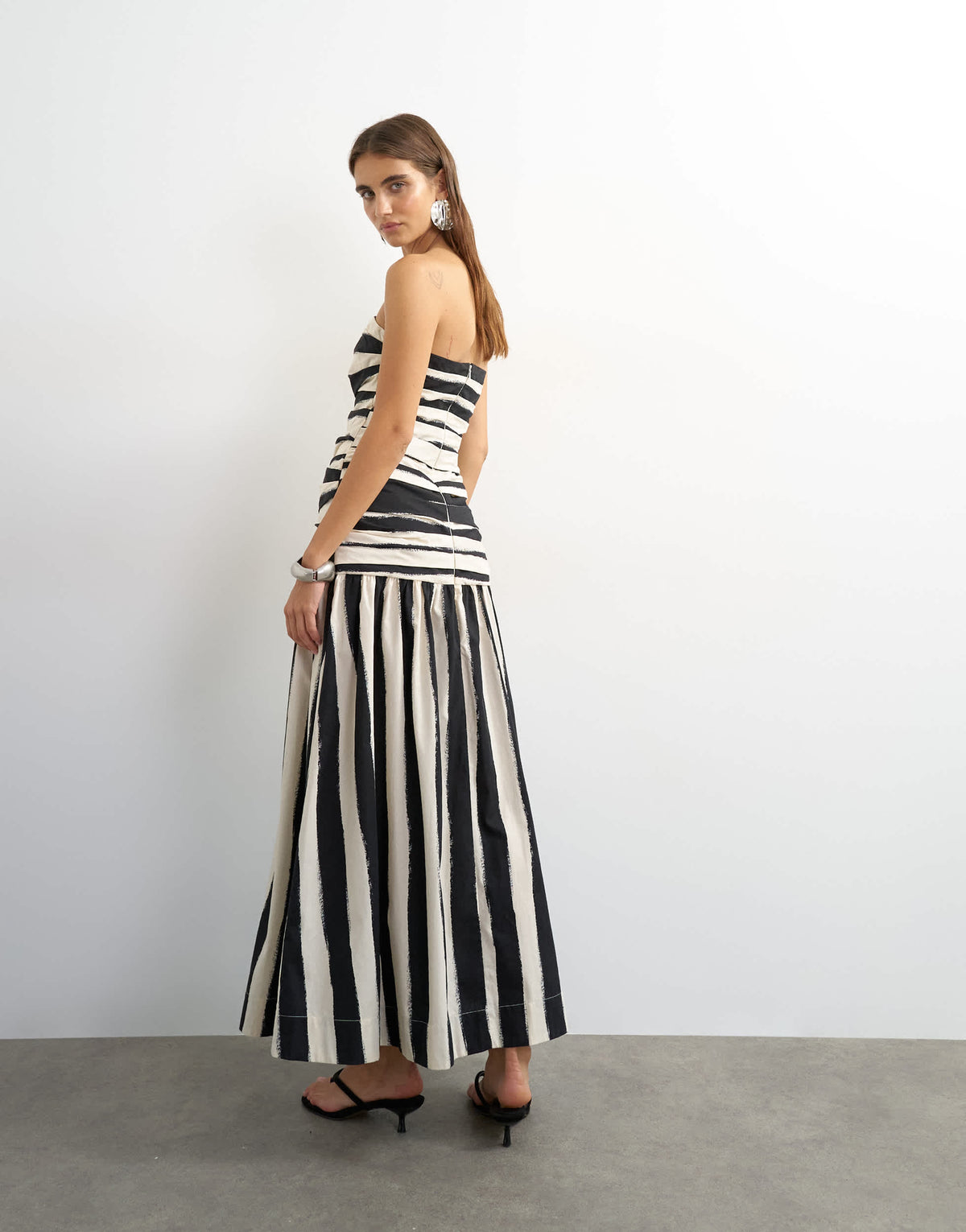 Topshop dropped waist bandeau maxi dress in thick mono stripe