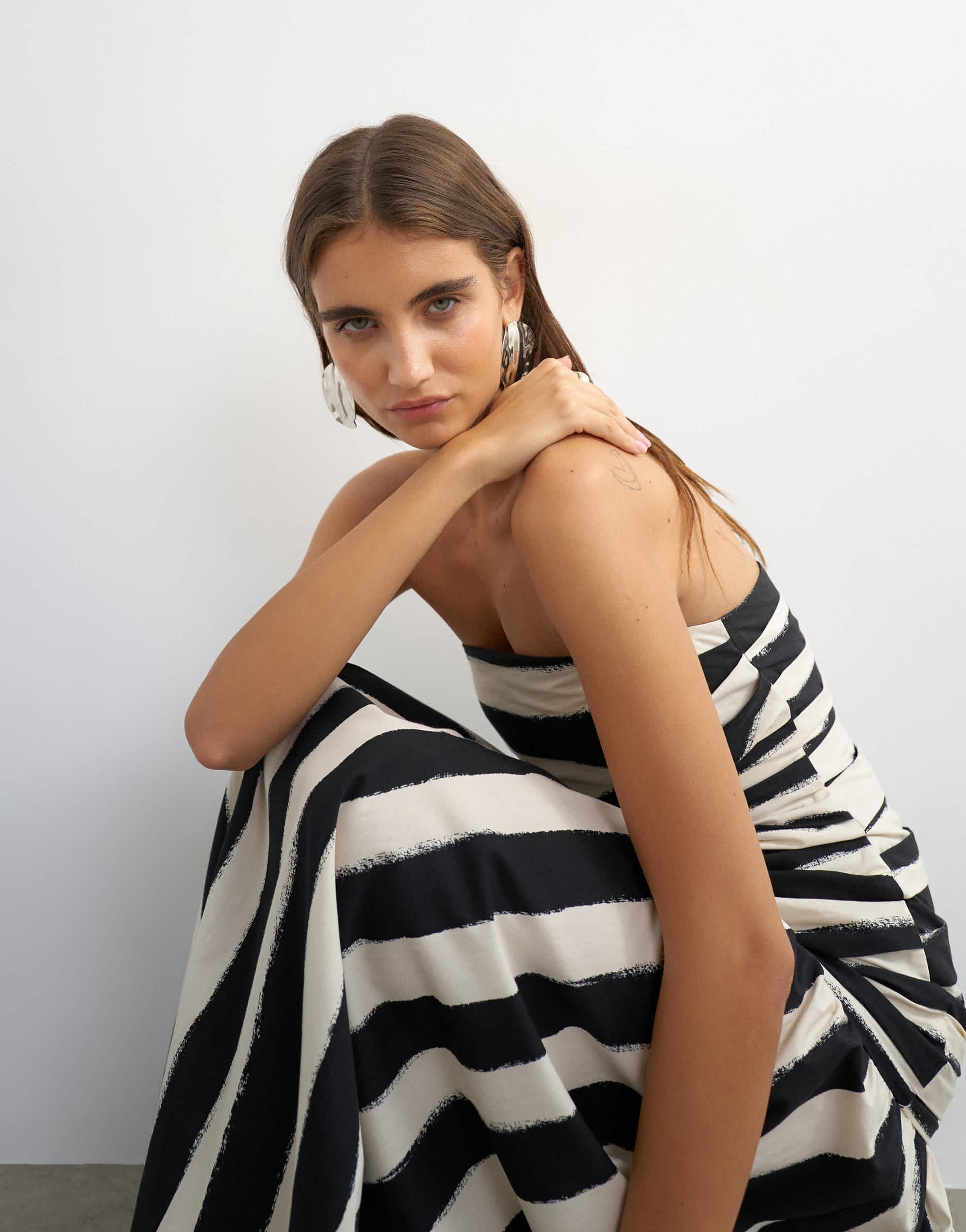 Topshop dropped waist bandeau maxi dress in thick mono stripe