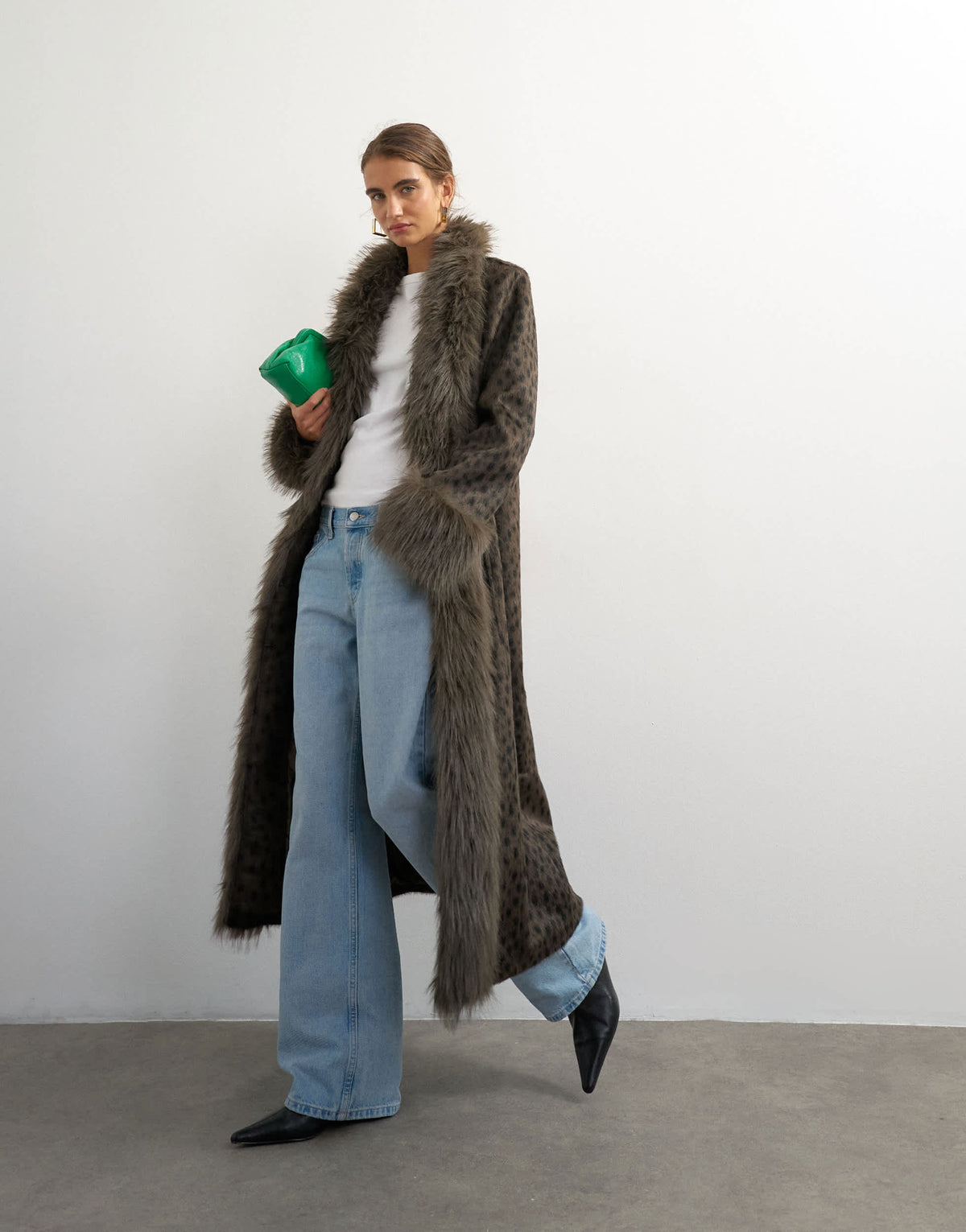 Topshop faux fur animal print longline coat in grey