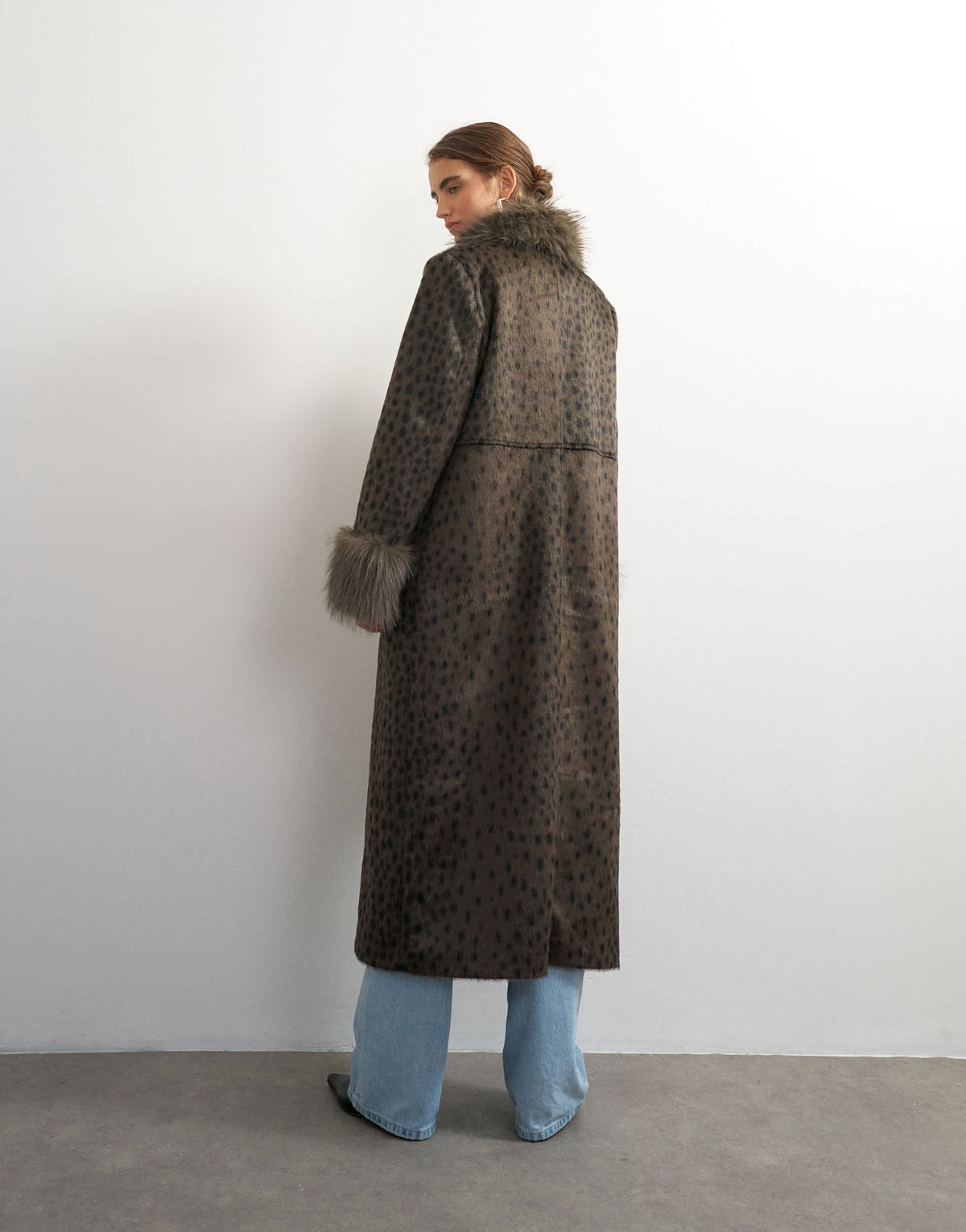 Topshop faux fur animal print longline coat in grey
