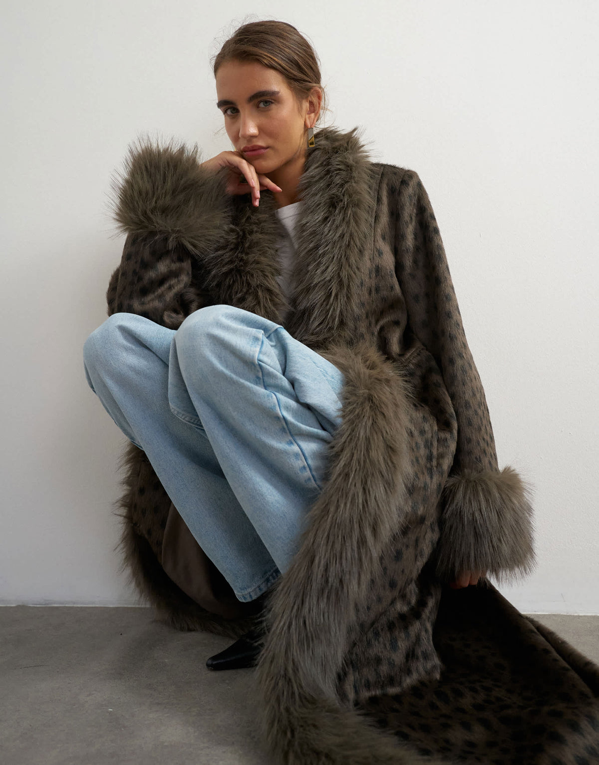 Topshop faux fur animal print longline coat in grey