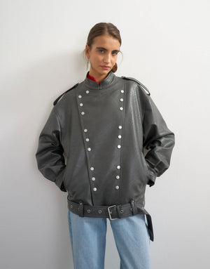 Topshop faux leather hardwear detail biker jacket in grey
