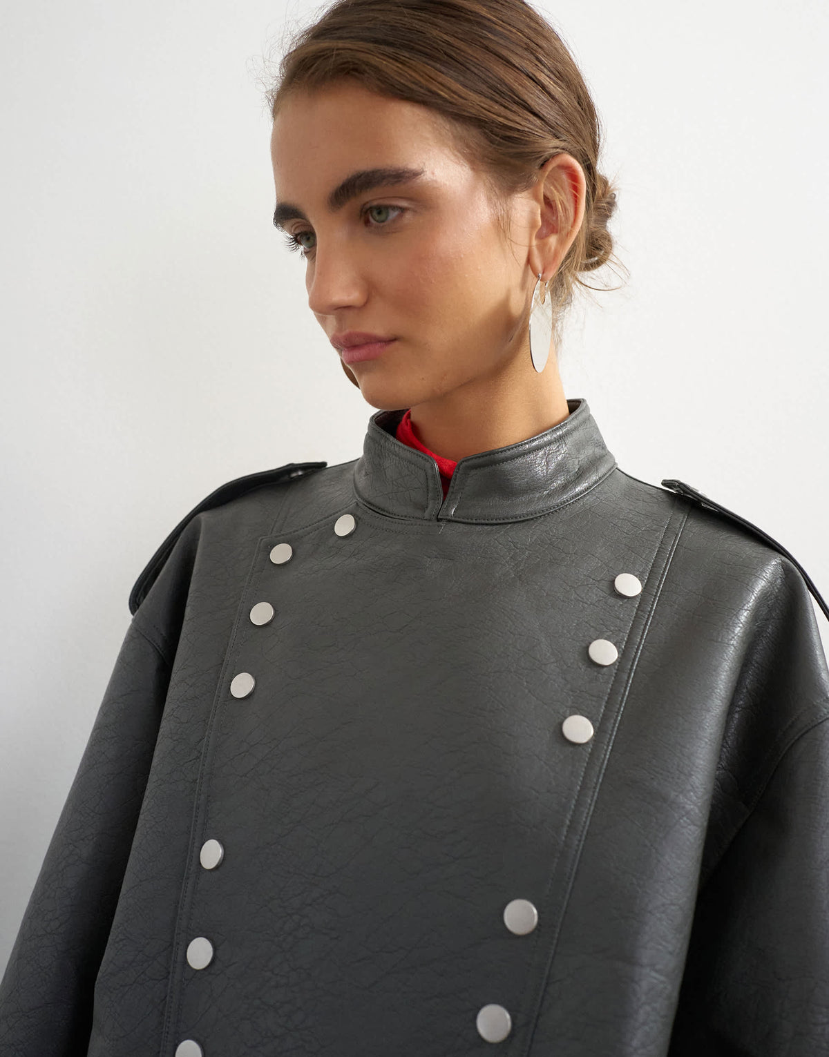 Topshop faux leather hardwear detail biker jacket in grey