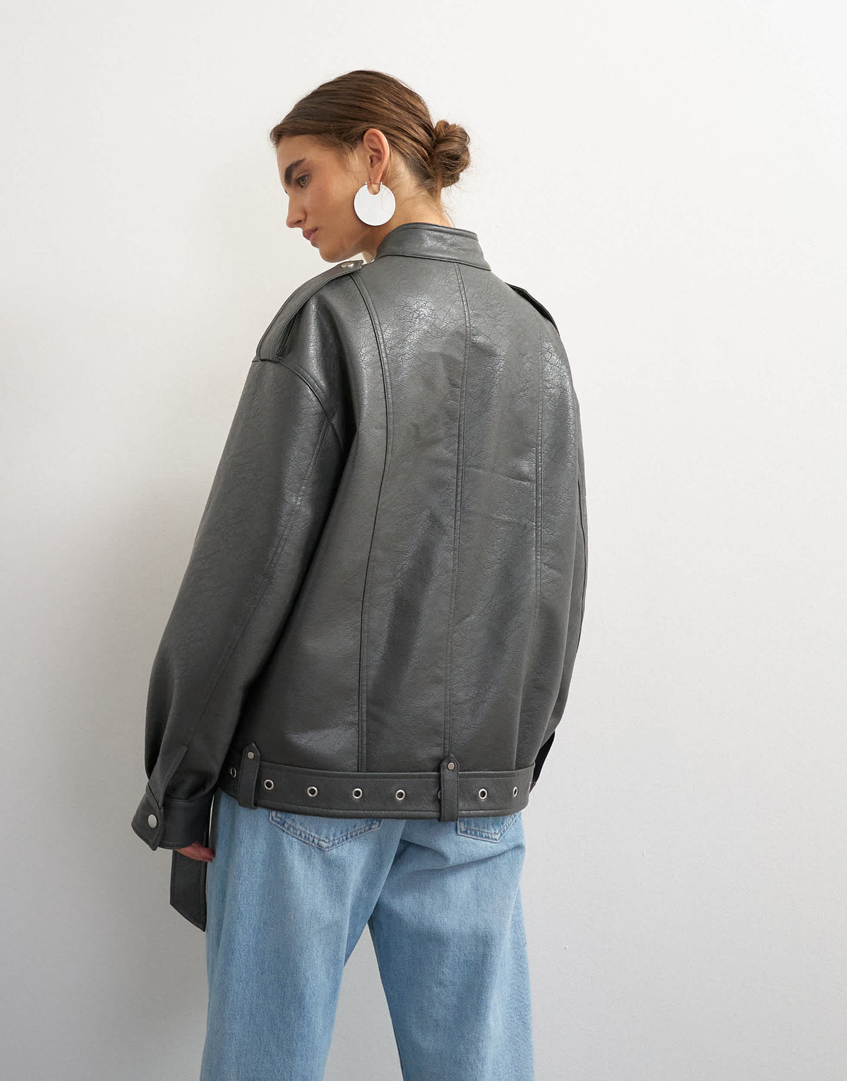 Topshop faux leather hardwear detail biker jacket in grey