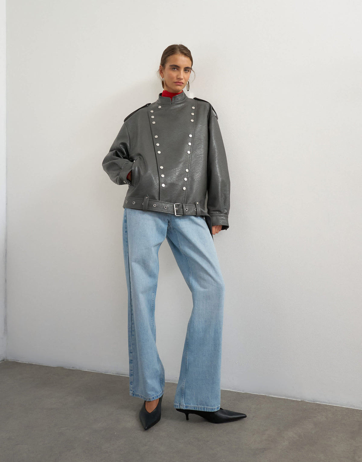 Topshop faux leather hardwear detail biker jacket in grey