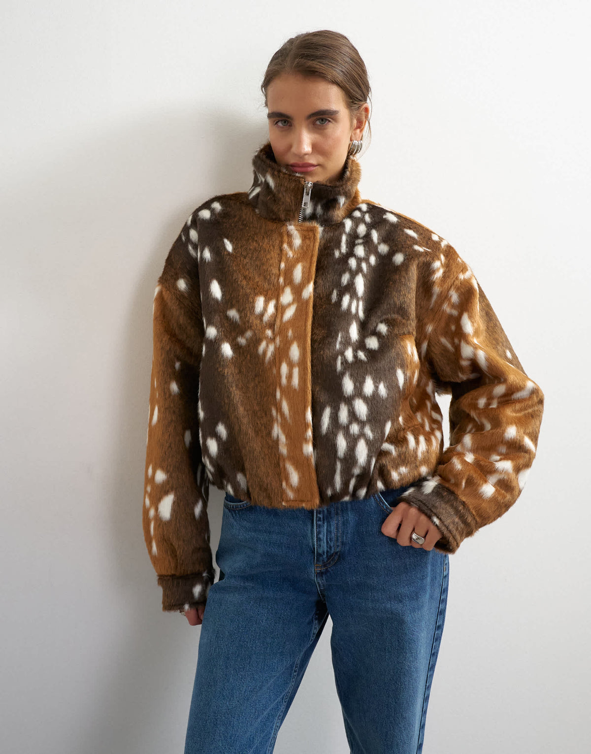 Topshop faux fur funnel neck bomber jacket in deer print