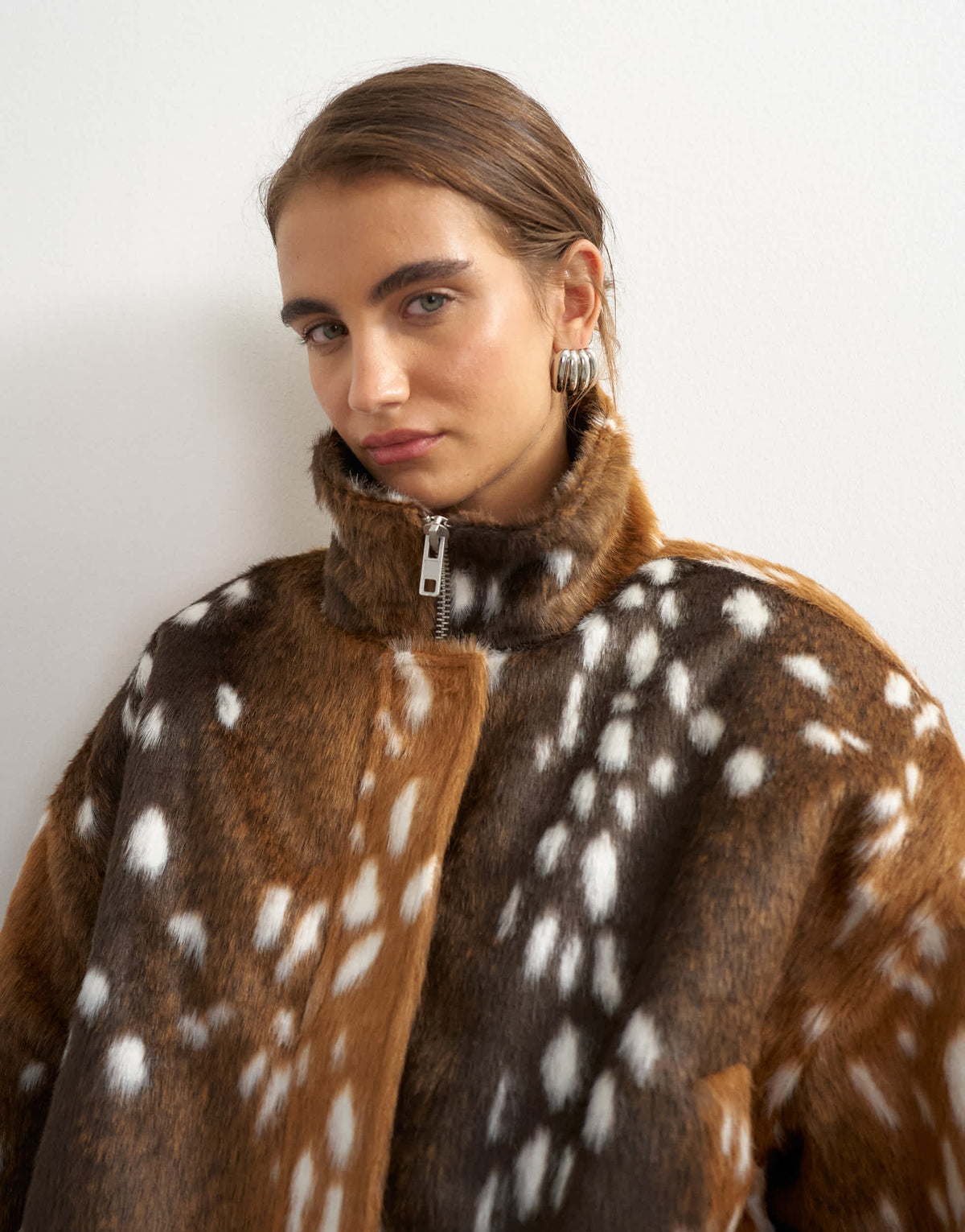 Topshop faux fur funnel neck bomber jacket in deer print