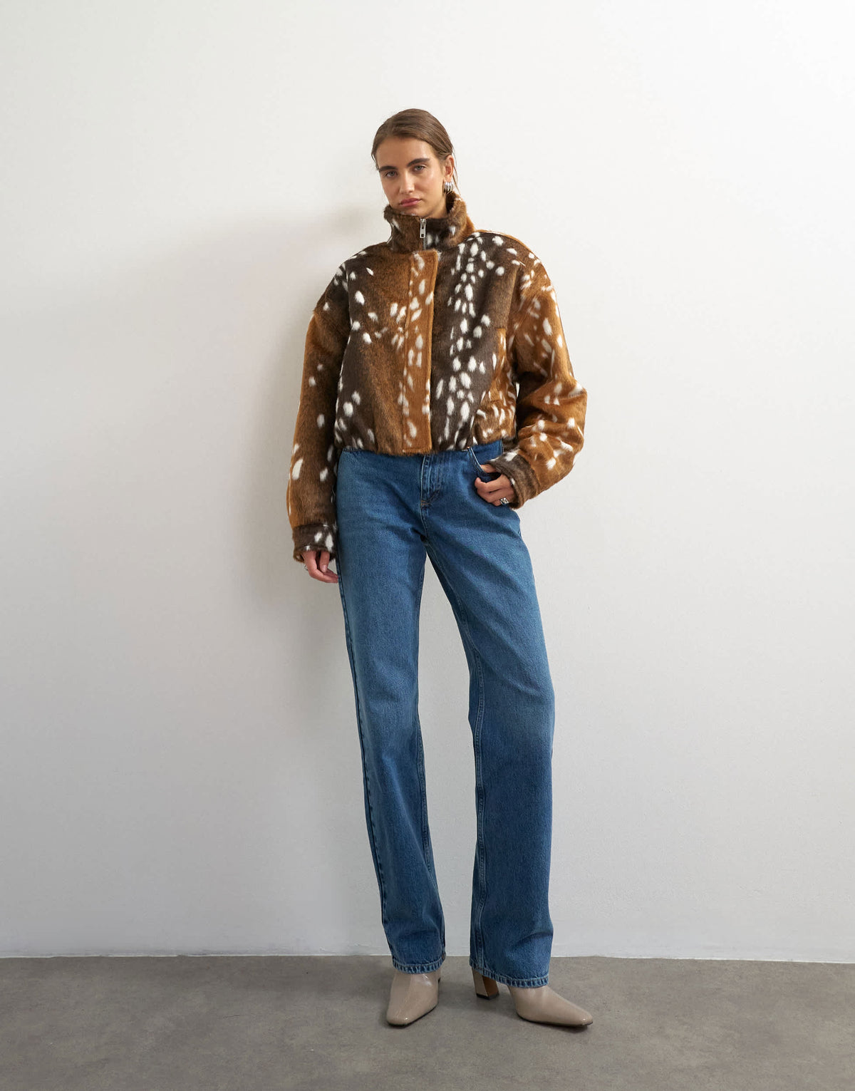 Topshop faux fur funnel neck bomber jacket in deer print