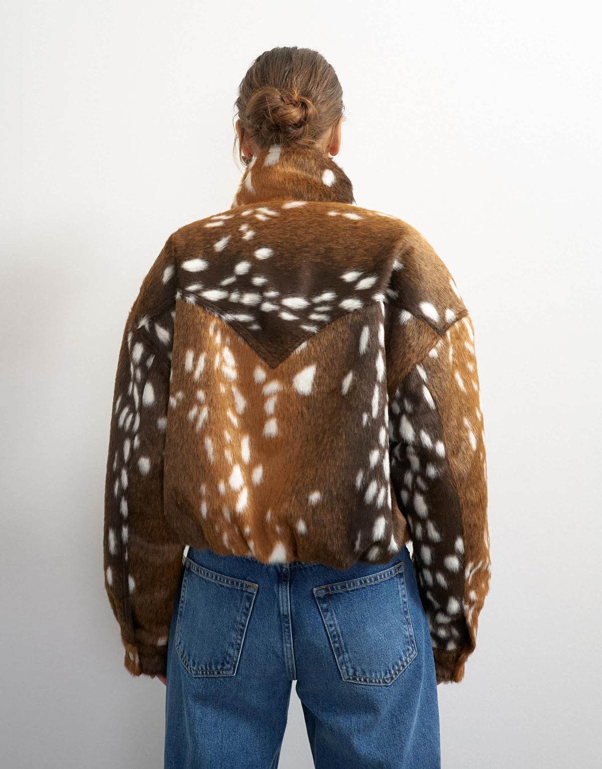 Topshop faux fur funnel neck bomber jacket in deer print