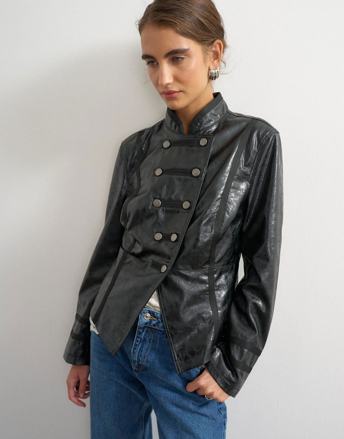 Topshop faux leather mililtary jacket in black