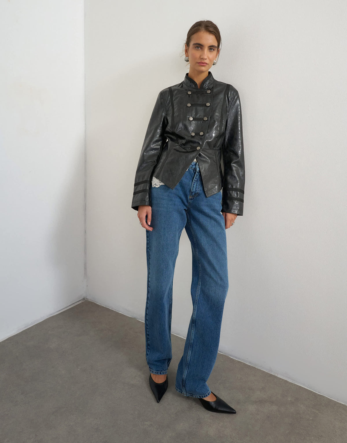 Topshop faux leather mililtary jacket in black
