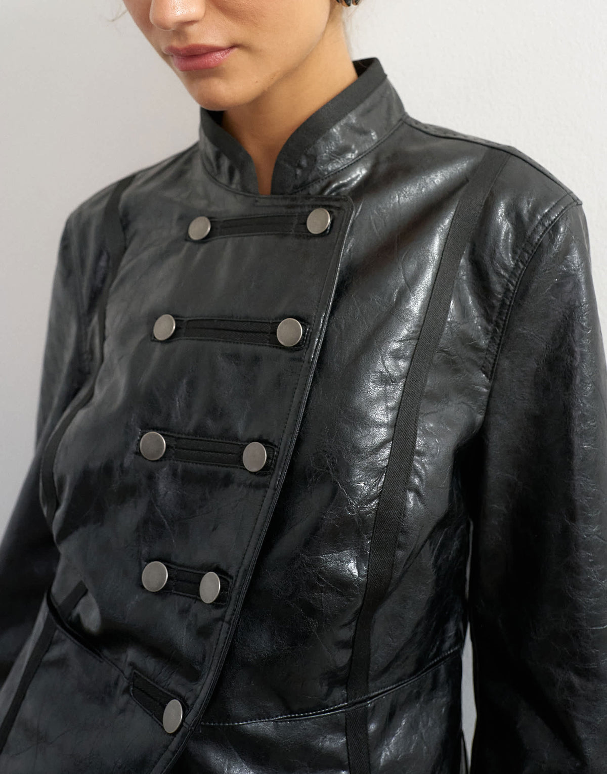 Topshop faux leather mililtary jacket in black
