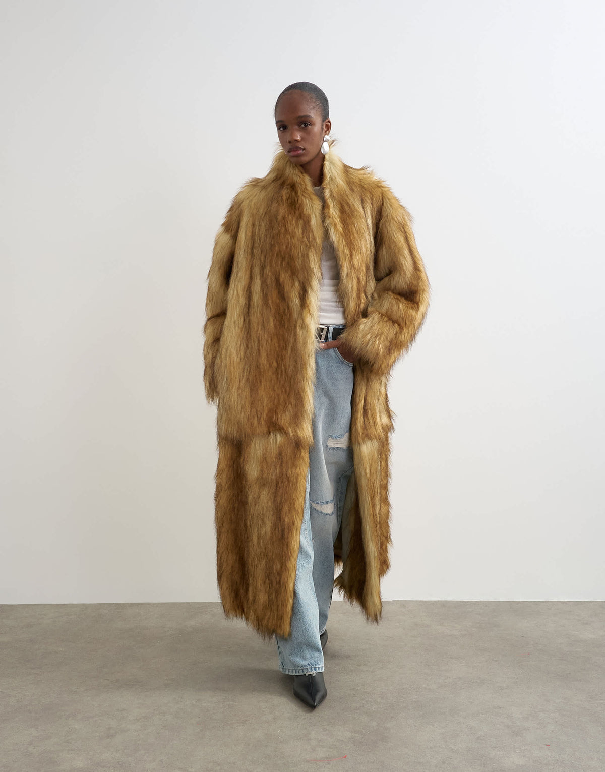 Topshop faux fur long natural coat in brown
