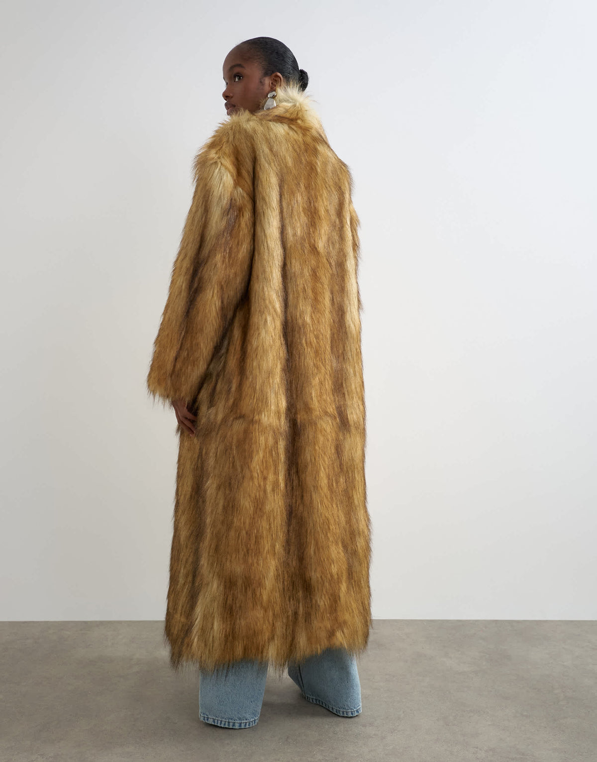 Topshop faux fur long natural coat in brown