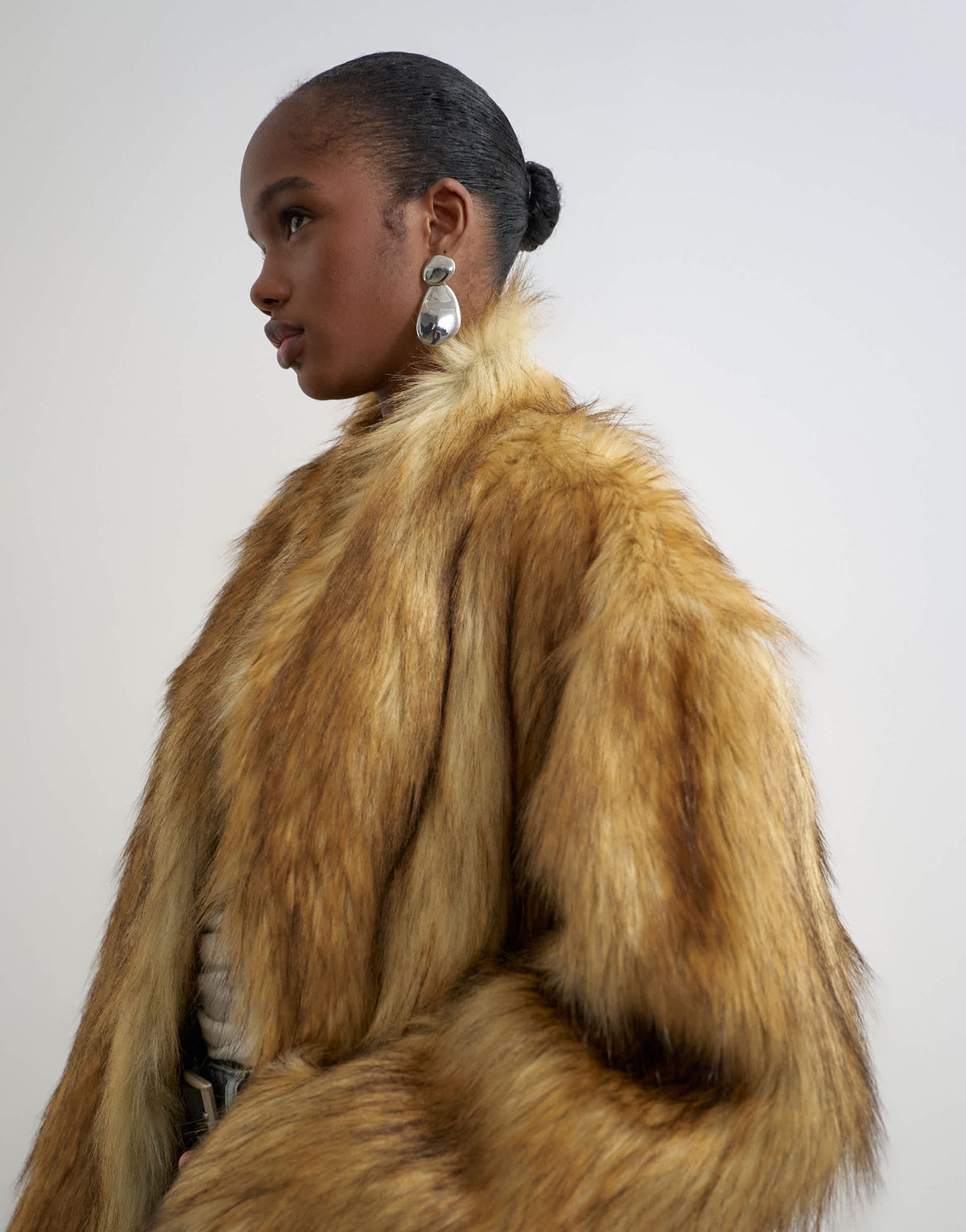 Topshop faux fur long natural coat in brown