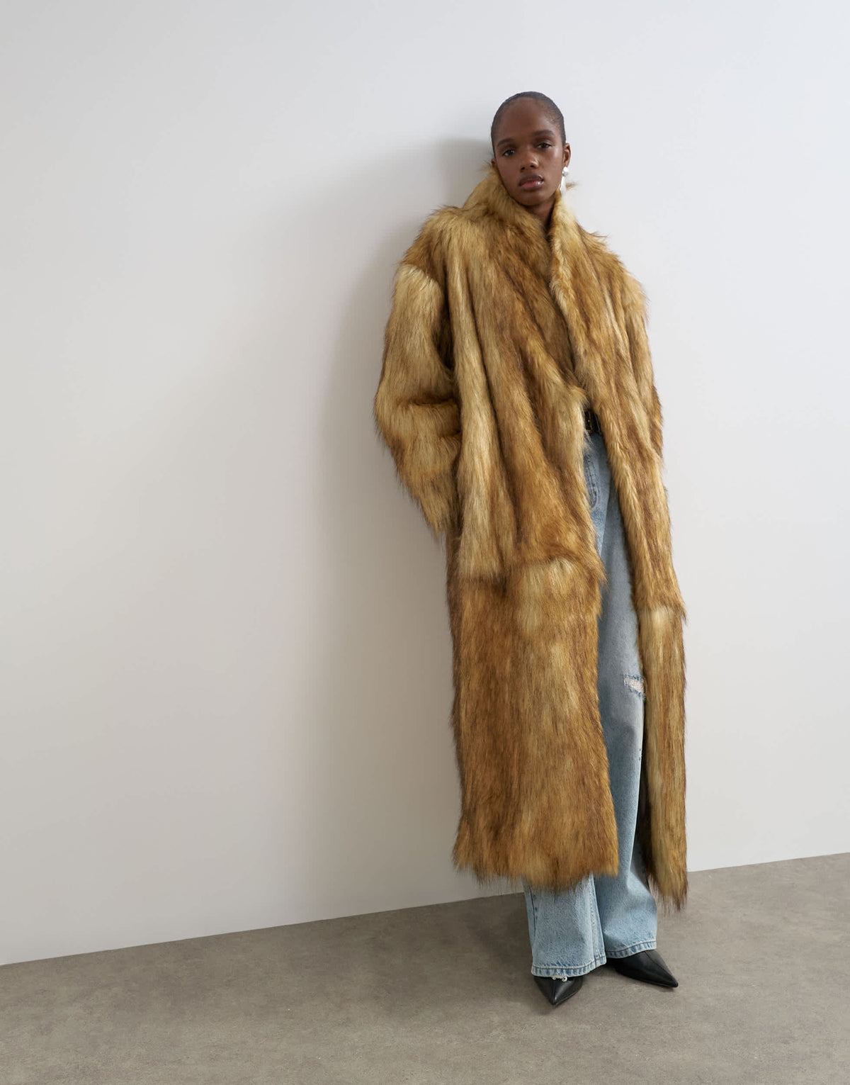 Topshop faux fur long natural coat in brown