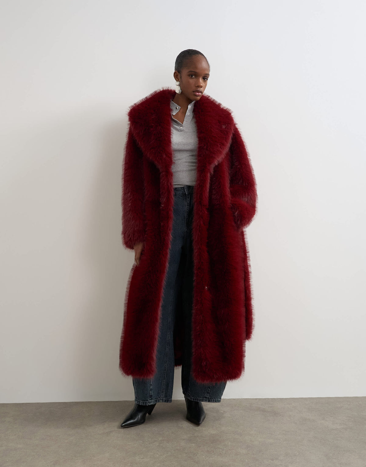Topshop faux fur belted long coat in cherry