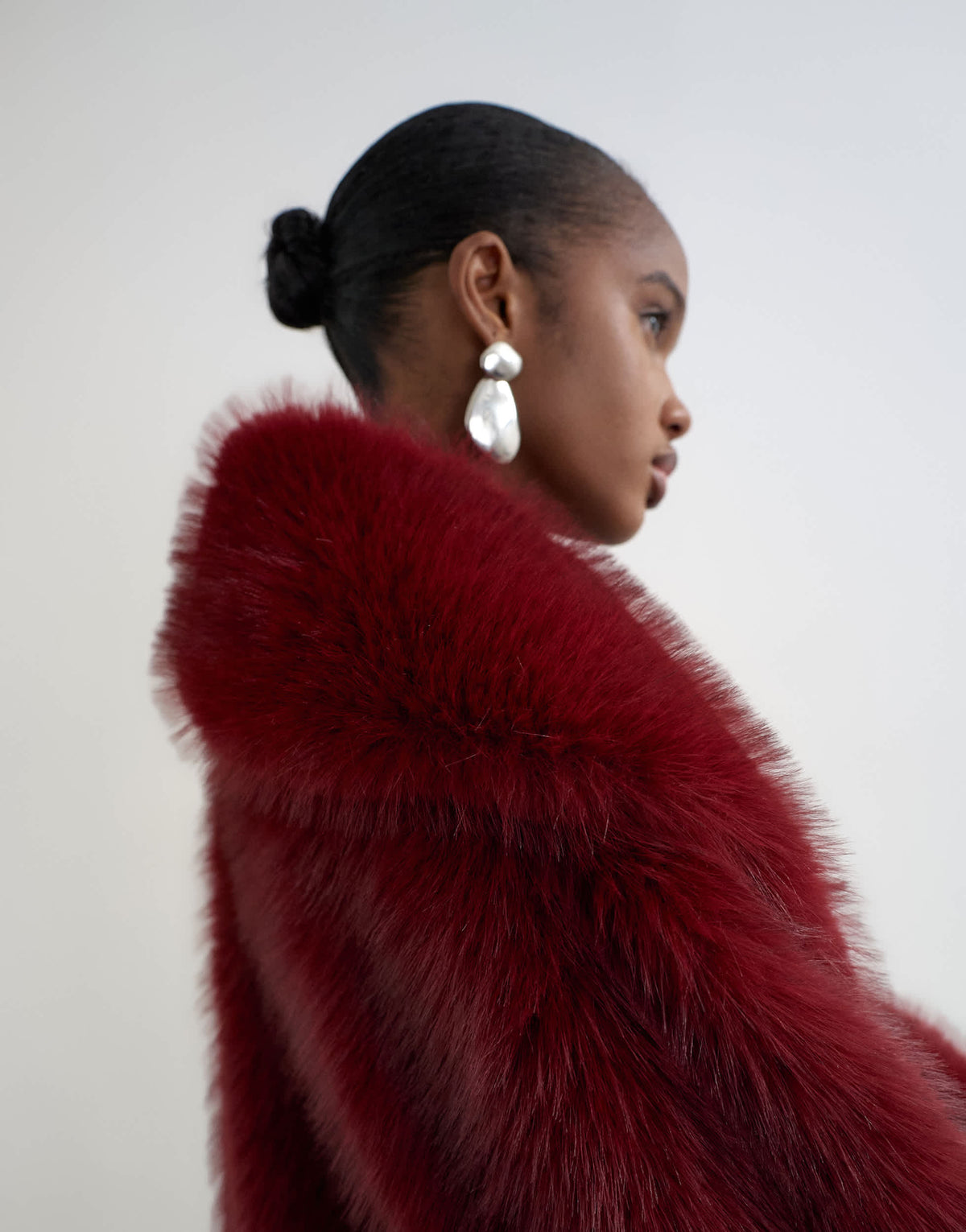 Topshop faux fur belted long coat in cherry