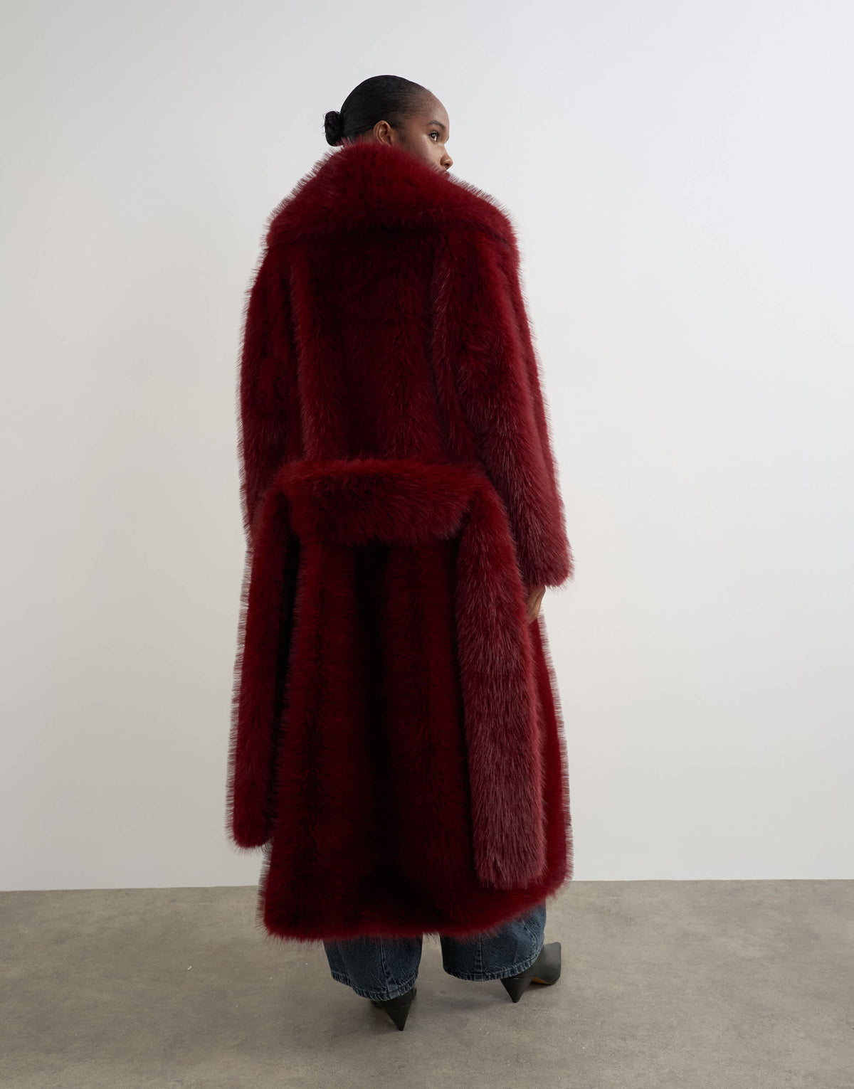 Topshop faux fur belted long coat in cherry