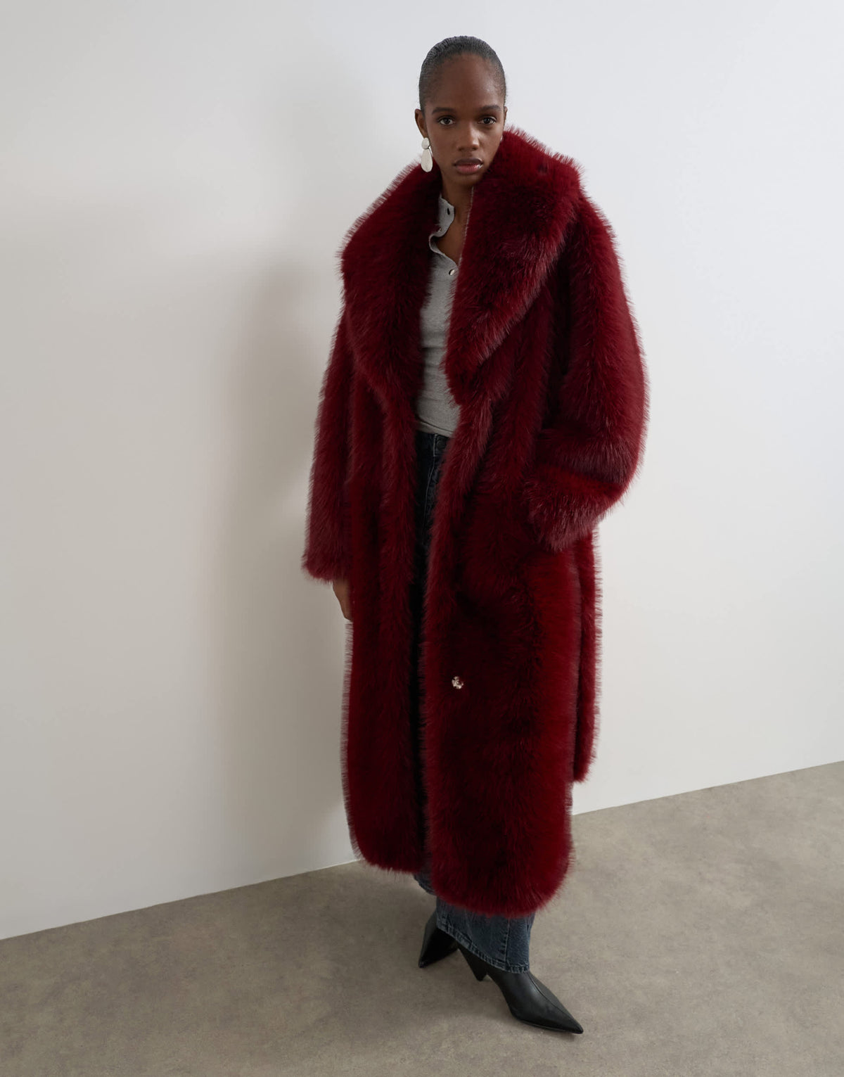 Topshop faux fur belted long coat in cherry
