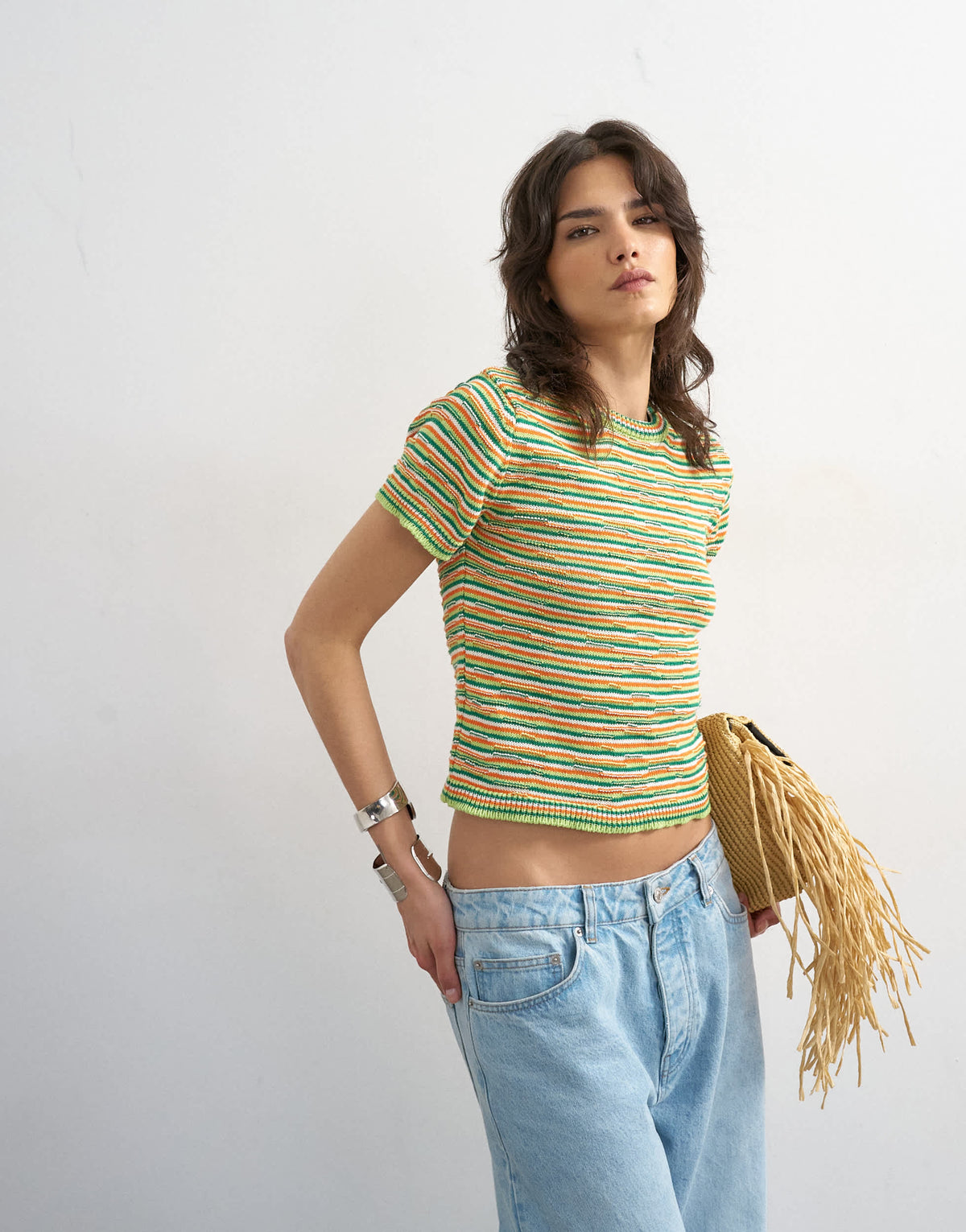 Topshop knitted crew neck stripe short sleeve top in multi