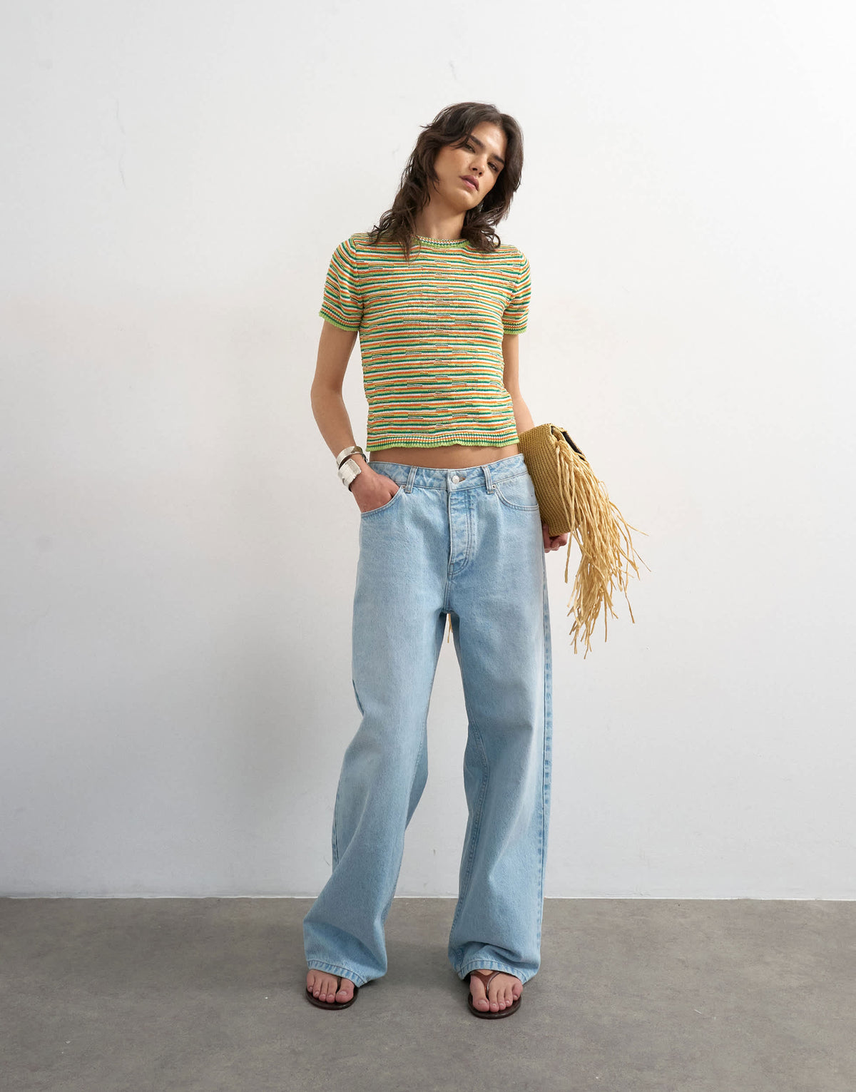 Topshop knitted crew neck stripe short sleeve top in multi