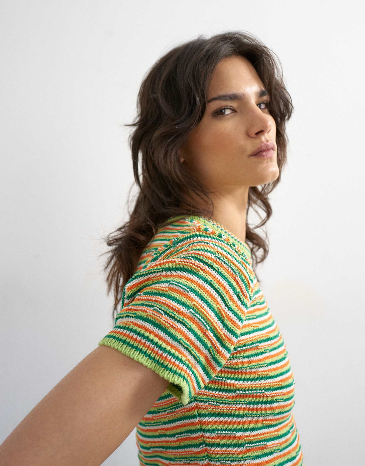 Topshop knitted crew neck stripe short sleeve top in multi