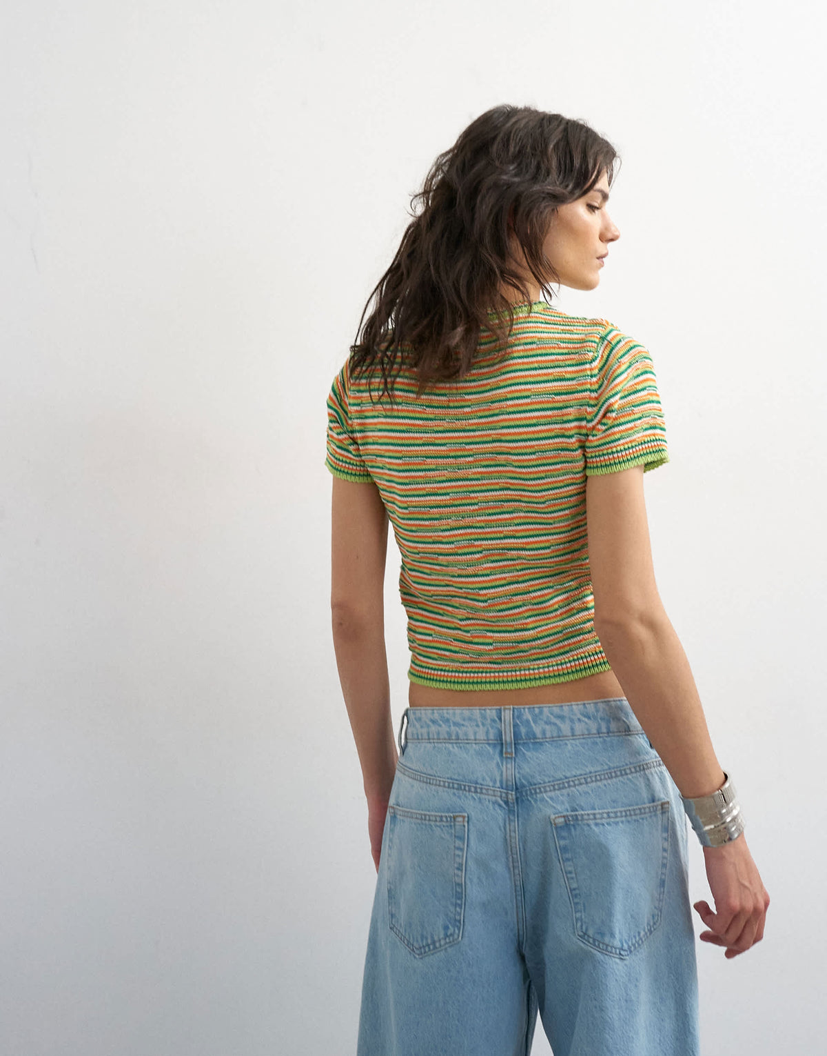 Topshop knitted crew neck stripe short sleeve top in multi