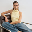 Topshop knitted drape neck low back top in yellow